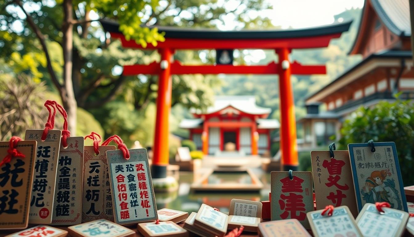A beautifully detailed image of the "Aoshima Shrine Omamori" (青島神社御守) in a serene, natural setting. The foreground features an assortment of handcrafted talismans and amulets, each adorned with intricate Japanese calligraphy and vibrant colors. In the middle ground, the iconic vermilion torii gate of the Aoshima Shrine stands tall, framed by lush foliage and a tranquil pond. The background showcases the shrine's elegant architecture, with its traditional Japanese roof tiles and delicate wooden structures. The lighting is soft and diffused, creating a warm, inviting atmosphere that evokes a sense of spiritual peace and connection to the divine. The entire scene is captured with a shallow depth of field, drawing the viewer's eye to the intricate details of the sacred objects. A beautifully detailed image of the "Aoshima Shrine Omamori" (青島神社御守) in a serene, natural setting. The foreground features an assortment of handcrafted talismans and amulets, each adorned with intricate Japanese calligraphy and vibrant colors. In the middle ground, the iconic vermilion torii gate of the Aoshima Shrine stands tall, framed by lush foliage and a tranquil pond. The background showcases the shrine's elegant architecture, with its traditional Japanese roof tiles and delicate wooden structures. The lighting is soft and diffused, creating a warm, inviting atmosphere that evokes a sense of spiritual peace and connection to the divine. The entire scene is captured with a shallow depth of field, drawing the viewer's eye to the intricate details of the sacred objects.