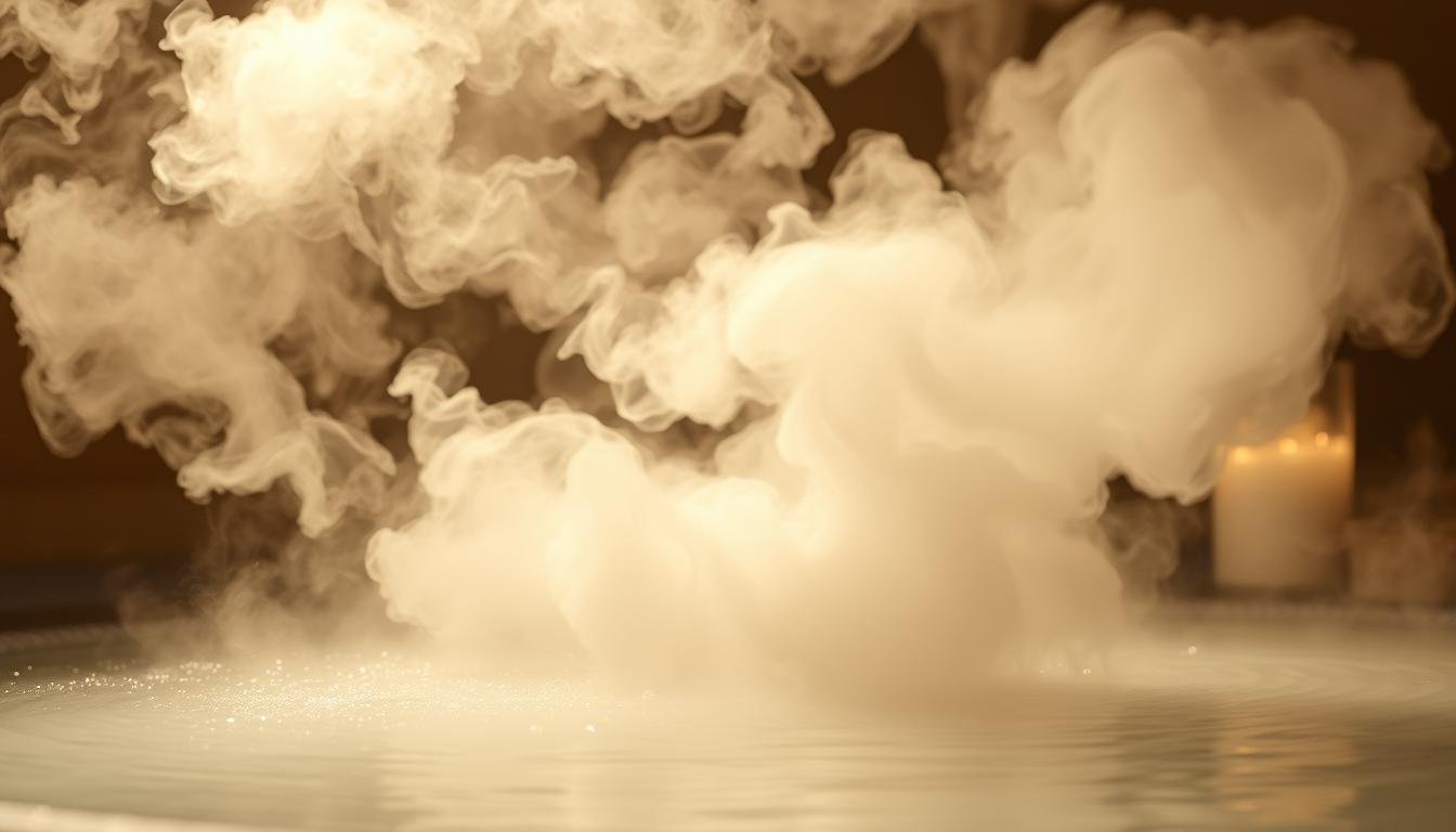 A billowing cloud of pure white steam, rising from a shallow pool of gently simmering water. The steam is dense and opulent, carrying the scent of minerals and herbs that have been carefully curated. Soft, diffused lighting casts a warm, ethereal glow, highlighting the mesmerizing dance of the vapor as it swirls and dissipates. The surface of the water is smooth, reflecting the steam in a shimmering mirage. The overall atmosphere is one of tranquility and contemplation, inviting the viewer to lose themselves in the captivating essence of this natural, therapeutic process.