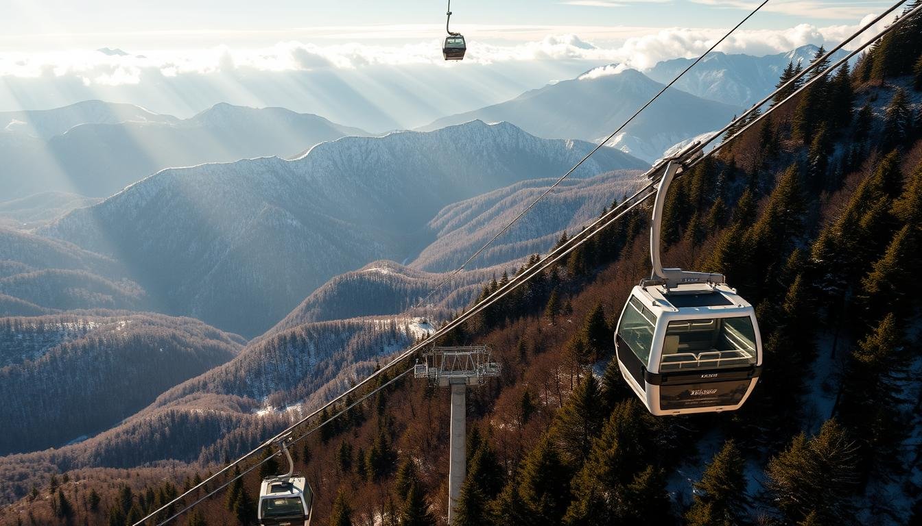 A breathtaking aerial view of the iconic Shinhotaka Ropeway cable car system, ascending towards the majestic Japanese Alps. The gondolas glide silently through the crisp mountain air, offering passengers a panoramic vista of the serene, snow-capped peaks that stretch out before them. Sunlight streams through wispy clouds, casting a warm, golden glow over the rugged, forested landscape below. The cable car's sleek, modern design stands in stark contrast to the timeless, untamed beauty of the surrounding mountains, creating a harmonious blend of man and nature. This picturesque scene embodies the essence of Hida's natural wonders, inviting visitors to embark on a transformative journey into the heart of Japan's alpine wonder.