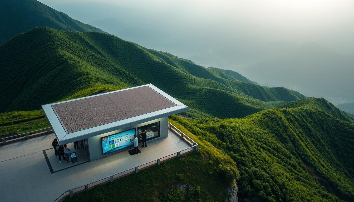 A breathtaking aerial view of the iconic Xiangshan (Fragrant Hills) summit in Taiwan, showcasing the ticket office against the lush, verdant backdrop. The station's architecture blends seamlessly with the surrounding natural landscape, its sleek, modern design complementing the rolling hills. Soft, diffused lighting illuminates the scene, casting a warm, inviting glow over the ticket booth and the picturesque scenery beyond. The prompt captures the convenience and practicality of the ticketing setup, ready to welcome visitors embarking on an unforgettable journey to the top of this stunning natural wonder.