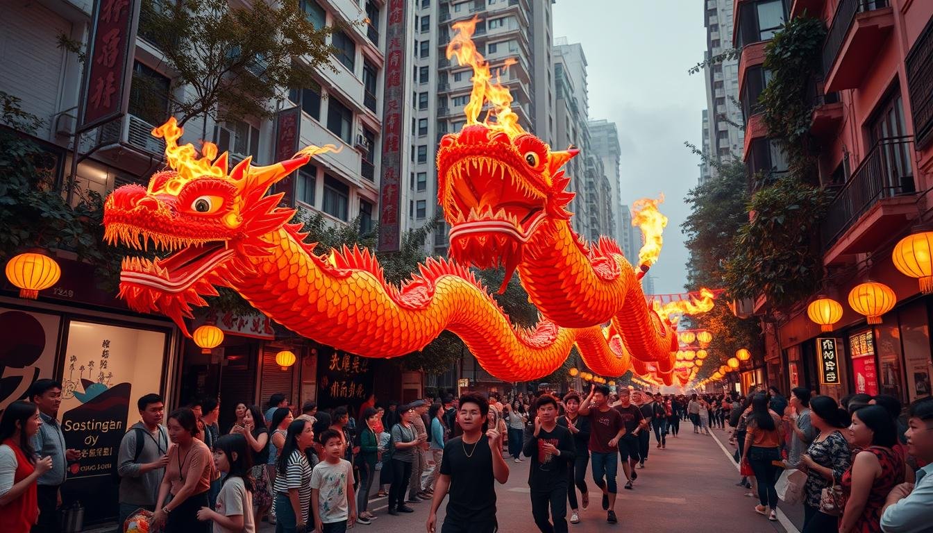 A breathtaking autumn scene at Tai Hang, Hong Kong, where a majestic fire dragon dance unfolds. In the foreground, a troupe of skilled performers navigate the narrow streets, wielding intricate dragon puppets that twist and turn, their fiery scales gleaming under the warm glow of lanterns. The middle ground captures the captivated crowd, their faces aglow with wonder and amusement, as they witness this centuries-old tradition. In the background, the towering apartment buildings and lush greenery provide a vibrant backdrop, setting the stage for this captivating mid-autumn celebration. The overall composition evokes a sense of cultural richness, community, and the timeless allure of this iconic Hong Kong event. A breathtaking autumn scene at Tai Hang, Hong Kong, where a majestic fire dragon dance unfolds. In the foreground, a troupe of skilled performers navigate the narrow streets, wielding intricate dragon puppets that twist and turn, their fiery scales gleaming under the warm glow of lanterns. The middle ground captures the captivated crowd, their faces aglow with wonder and amusement, as they witness this centuries-old tradition. In the background, the towering apartment buildings and lush greenery provide a vibrant backdrop, setting the stage for this captivating mid-autumn celebration. The overall composition evokes a sense of cultural richness, community, and the timeless allure of this iconic Hong Kong event.