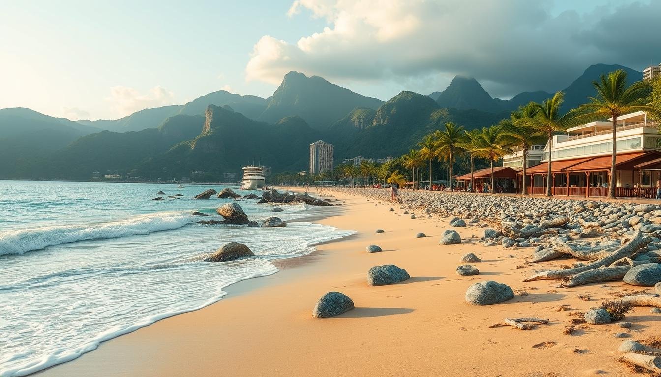 A breathtaking coastal landscape on the shores of Stanley, Hong Kong. The sun casts a warm glow over the pristine sandy beach, dotted with smooth rocks and driftwood. Gentle waves crash against the shoreline, creating a serene and soothing rhythm. In the distance, towering green mountains rise up, their peaks shrouded in mist. A picturesque promenade lined with swaying palm trees and quaint beachside cafes creates a romantic, idyllic atmosphere. Soft natural lighting illuminates the scene, highlighting the vibrant colors and textures of the environment. The overall mood is one of tranquility, beauty, and the perfect setting for a leisurely seaside getaway.