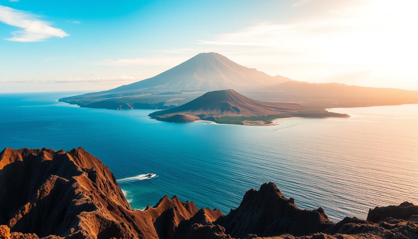 A breathtaking landscape of Jeju Island's stunning eastern coastline, featuring the majestic Seongsan Ilchulbong (Sunrise Peak) rising majestically against a backdrop of azure skies and crystal-clear waters. In the foreground, the rugged volcanic cliffs of Udo Island, also known as Cow Island, stretch out into the horizon, their dramatic contours and vibrant hues creating a mesmerizing contrast with the tranquil ocean below. Soft, diffused lighting illuminates the scene, casting a warm, golden glow and accentuating the natural beauty of this hidden gem. The overall atmosphere is one of serene tranquility, inviting the viewer to immerse themselves in the breathtaking splendor of Jeju's eastern wonders. A breathtaking landscape of Jeju Island's stunning eastern coastline, featuring the majestic Seongsan Ilchulbong (Sunrise Peak) rising majestically against a backdrop of azure skies and crystal-clear waters. In the foreground, the rugged volcanic cliffs of Udo Island, also known as Cow Island, stretch out into the horizon, their dramatic contours and vibrant hues creating a mesmerizing contrast with the tranquil ocean below. Soft, diffused lighting illuminates the scene, casting a warm, golden glow and accentuating the natural beauty of this hidden gem. The overall atmosphere is one of serene tranquility, inviting the viewer to immerse themselves in the breathtaking splendor of Jeju's eastern wonders.