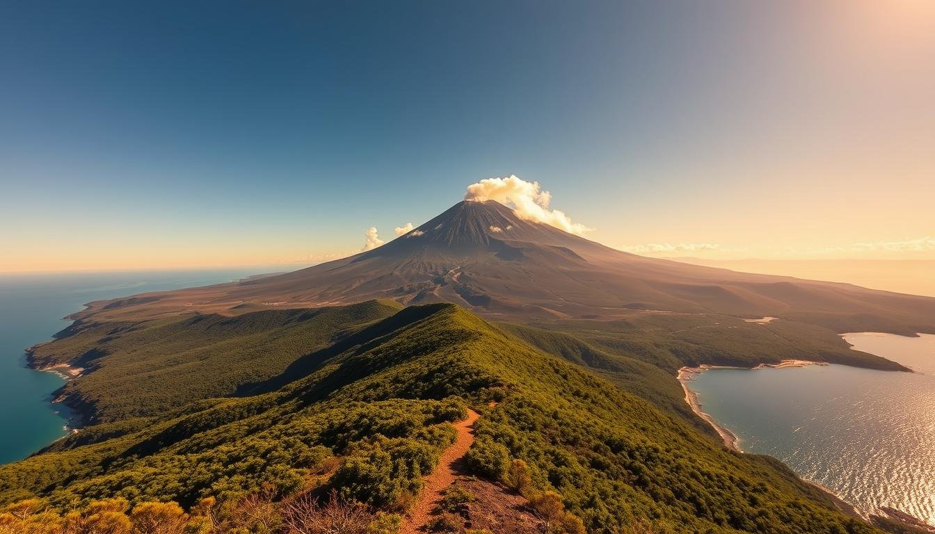 A breathtaking landscape of Sakurajima volcano, Japan's most active volcano, rising majestically against a clear azure sky. In the foreground, a sweeping panoramic view of the volcano's rugged peaks and slopes, punctuated by plumes of white smoke and ash. The middle ground features a lush, verdant forest leading up to the volcanic slopes, with a winding path inviting visitors to explore. The background showcases the sparkling waters of Kagoshima Bay, reflecting the dramatic scene. Warm, golden sunlight bathes the entire vista, creating a sense of tranquility and awe. Captured through a wide-angle lens, this scene conveys the grand scale and power of Sakurajima, offering a breathtaking vantage point for visitors to witness the natural wonder of this iconic Japanese volcano.