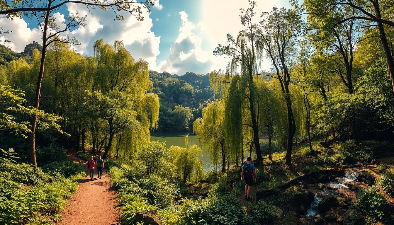 A breathtaking landscape of the White Willow Bay Ecological Protection Area, Hong Kong. A sun-dappled forest path winds through lush, verdant foliage, leading to a serene, mirror-like lake surrounded by majestic, towering white willow trees. Fluffy clouds drift overhead, casting soft shadows across the scene. The warm, golden light filters through the canopy, creating a tranquil, enchanting atmosphere. Hikers explore the trail, marveling at the diverse flora and fauna. In the distance, a small waterfall cascades over mossy rocks, completing the idyllic, harmonious tableau. Captured with a wide-angle lens to convey the grandeur and scale of this captivating ecological haven.