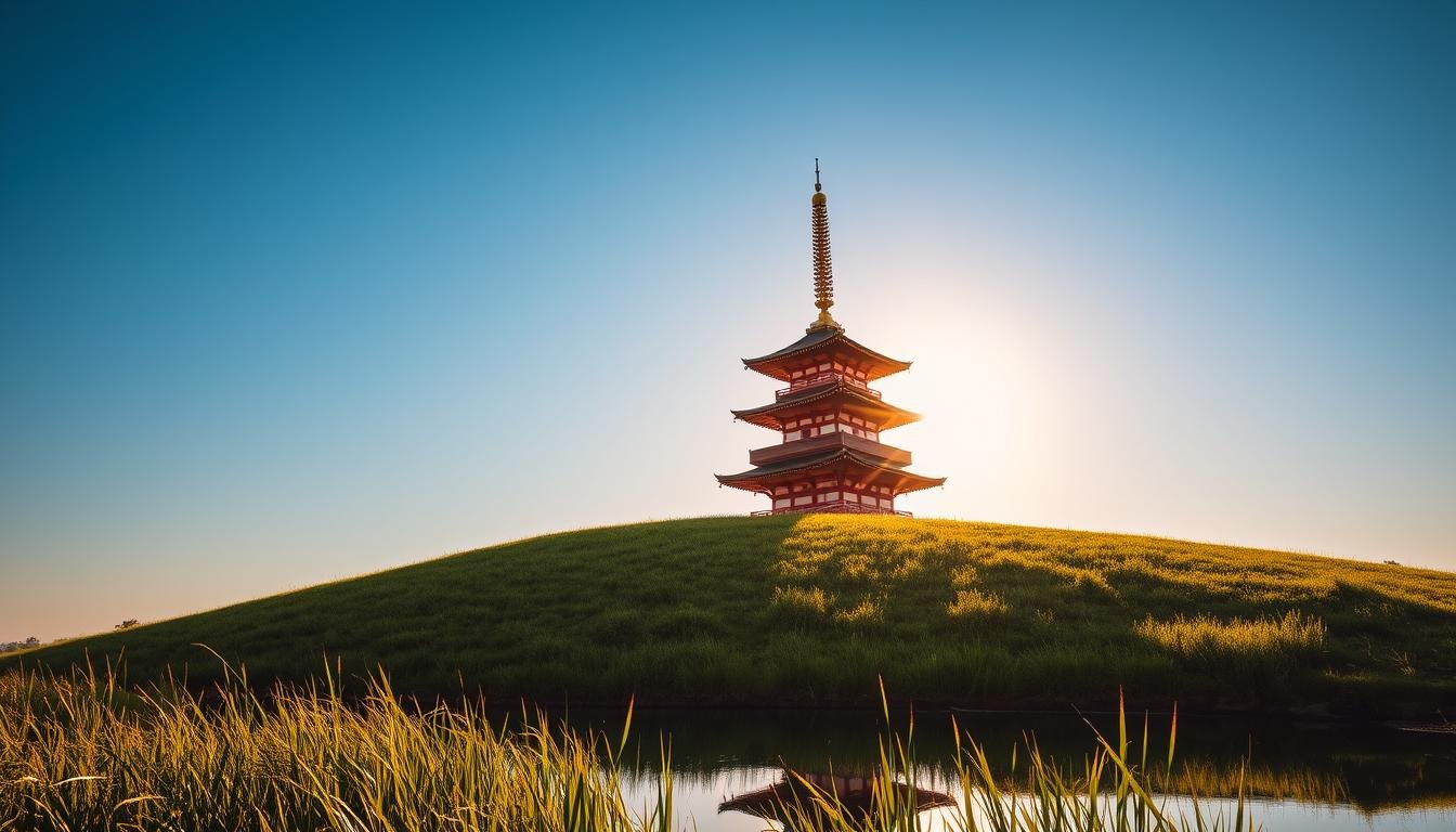 A breathtaking pagoda rises majestically against a clear blue sky, its ornate roofs and intricate details casting intricate shadows across the tranquil grassy knoll below. The structure is bathed in warm, golden sunlight, creating a serene and inviting atmosphere. In the foreground, a lush carpet of verdant grass sways gently in the breeze, inviting visitors to pause and take in the stunning natural beauty. The pagoda's striking silhouette is mirrored in a nearby reflective pool, creating a sense of balance and harmony between the built and natural environments. The overall scene conveys a profound sense of contemplation and connection with the natural world.