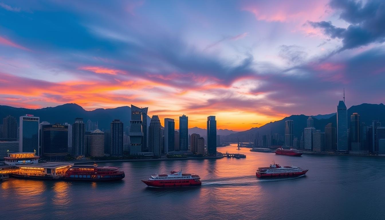 A breathtaking panoramic view of Victoria Harbour in Hong Kong, captured during the golden hour. The scene is bathed in a warm, soft light that gently illuminates the iconic skyline of skyscrapers and the famous Star Ferry terminal in the foreground. The water reflects the vibrant colors of the sky, creating a mesmerizing mirror-like effect. In the middle ground, the iconic red-and-white Star Ferry boats glide across the harbor, transporting passengers between the bustling shores. The background is dominated by the dramatic peaks of Hong Kong Island, their silhouettes silhouetted against the gradually darkening sky. The overall atmosphere is one of tranquility and wonder, inviting the viewer to pause and savor the beauty of this renowned harbour.