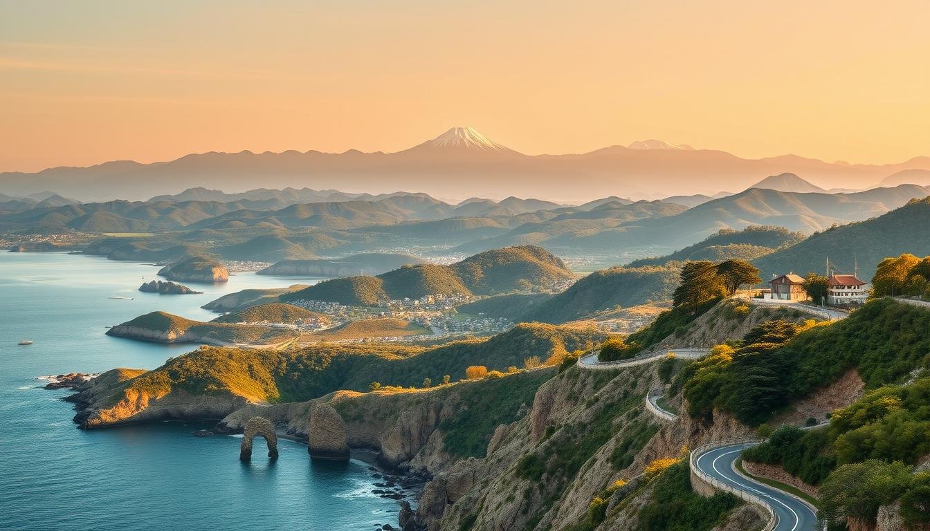 A breathtaking panoramic view of the Kyushu region, showcasing its diverse landscapes. In the foreground, a winding coastal road hugs the rugged shoreline, with scenic bays and coves dotting the horizon. The middle ground features rolling hills blanketed in lush greenery, interspersed with quaint villages and shrines. In the background, the majestic silhouettes of mountain ranges rise up, their peaks capped with a dusting of snow. The scene is bathed in warm, golden light, evoking a sense of tranquility and adventure. The overall composition invites the viewer to embark on an immersive journey through the enchanting Kyushu region, leaving a lasting impression of its natural beauty and cultural richness. A breathtaking panoramic view of the Kyushu region, showcasing its diverse landscapes. In the foreground, a winding coastal road hugs the rugged shoreline, with scenic bays and coves dotting the horizon. The middle ground features rolling hills blanketed in lush greenery, interspersed with quaint villages and shrines. In the background, the majestic silhouettes of mountain ranges rise up, their peaks capped with a dusting of snow. The scene is bathed in warm, golden light, evoking a sense of tranquility and adventure. The overall composition invites the viewer to embark on an immersive journey through the enchanting Kyushu region, leaving a lasting impression of its natural beauty and cultural richness.