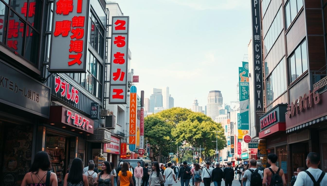 A bustling Harajuku street scene, drenched in vibrant neon hues and youthful energy. In the foreground, fashionable pedestrians stroll past boutiques and vintage shops, their outfits a kaleidoscope of bold colors and whimsical styles. Towering above, the iconic Takeshita Street signs and facade stand as a gateway to the neighborhood's unique subcultures. In the middle ground, the tree-lined avenue of Omotesando comes into view, its elegant boulevards and high-end stores a stark contrast to the eclectic vibe of Harajuku. The background is dominated by the distant silhouette of Tokyo's towering skyscrapers, hinting at the city's dynamic transformation. Captured with a wide-angle lens and natural lighting, the scene conveys the zeitgeist of Harajuku's enduring legacy as a hub of youth culture and unconventional style.