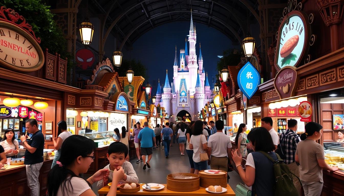 A bustling Hong Kong Disneyland food court, filled with vibrant stalls offering an array of local and international delicacies. In the foreground, a family savors Cantonese-style dim sum, dumplings and buns, surrounded by the lively atmosphere of the theme park. The middle ground showcases themed restaurants, their facades adorned with whimsical Disney details. In the background, the iconic Enchanted Storybook Castle rises majestically, casting a warm glow over the scene. Soft, diffused lighting creates a cozy, inviting ambiance, drawing visitors to explore the culinary delights of this magical kingdom.