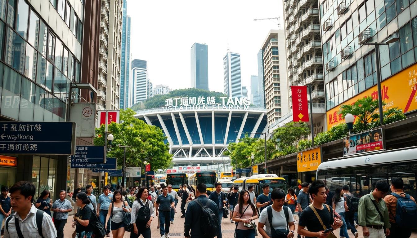 A bustling Hong Kong city street, with pedestrians navigating through a maze of transportation options. In the foreground, a well-marked wayfinding signage system guides visitors towards the entrance of a large, modern sports stadium. Commuters hurry past, some holding tickets, others consulting maps or mobile devices. The middle ground features a variety of public transport modes - buses, taxis, and the iconic Hong Kong tram system. In the background, skyscrapers and lush greenery frame the scene, creating a dynamic, vibrant atmosphere. Warm, diffused lighting illuminates the entire composition, capturing the energy and accessibility of this major sports and tourism destination.