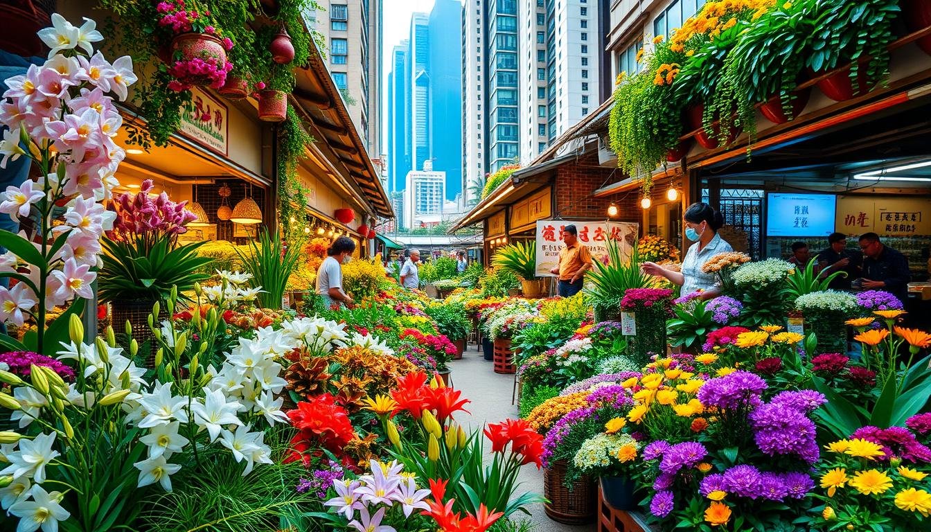A bustling Hong Kong marketplace, with an abundance of vibrant flowers and lush greenery. The foreground features an array of colorful blooms, including fragrant orchids, delicate lilies, and vibrant chrysanthemums. In the middle ground, shopkeepers tend to their stalls, offering a diverse selection of plants, herbs, and exotic fauna. The background showcases the iconic architecture of the region, with towering buildings and a lively urban atmosphere. Warm, natural lighting bathes the scene, creating a welcoming and inviting ambiance. The overall composition captures the essence of a dynamic, immersive shopping experience, blending the natural world with the energy of a bustling Hong Kong marketplace.