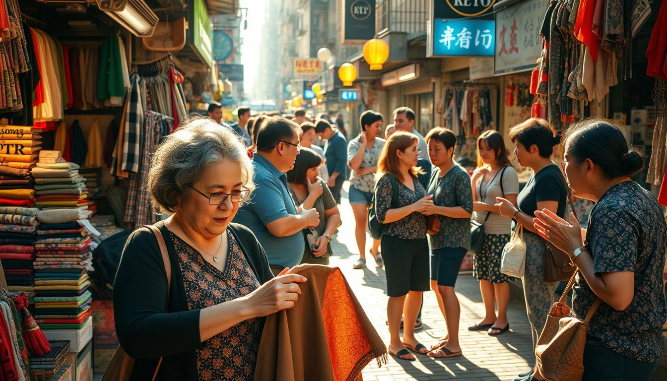 A bustling Hong Kong street market, with haggling shopkeepers and savvy customers negotiating prices. The scene is bathed in warm, natural light, casting long shadows across the cobblestones. In the foreground, a middle-aged woman examines a piece of apparel, her expression a mix of shrewd consideration and quiet determination. Around her, other patrons engage in lively discussions, comparing products and gesturing animatedly. The background is a tapestry of vibrant colors - bolts of fabric, stalls selling trinkets and knickknacks, and the occasional neon sign illuminating the scene. The overall atmosphere conveys the art of the bargain, a dance of give-and-take as buyers and sellers navigate the intricacies of the negotiation process.