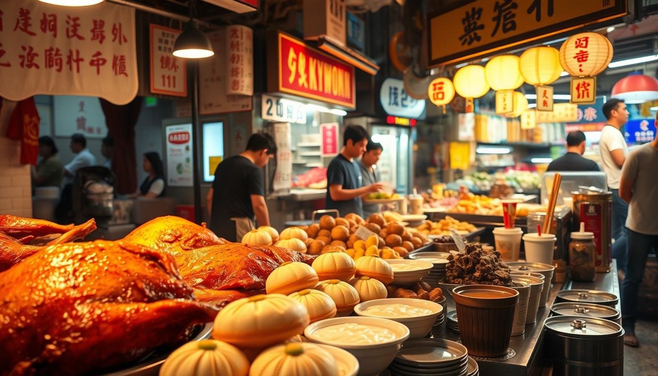 A bustling Hong Kong street scene, capturing the essence of a foodie's dream itinerary. In the foreground, a vibrant display of roasted goose, sizzling pork buns, and steaming bowls of rice porridge. The middle ground showcases a vibrant array of local delicacies, from fragrant egg tarts to delicate milk tea, all tempting passersby. In the background, a bustling market stall selling fresh produce and spices, setting the stage for a culinary adventure. Warm, golden lighting casts a cozy glow, inviting the viewer to immerse themselves in the flavors and aromas of this quintessential Hong Kong food scene. A bustling Hong Kong street scene, capturing the essence of a foodie's dream itinerary. In the foreground, a vibrant display of roasted goose, sizzling pork buns, and steaming bowls of rice porridge. The middle ground showcases a vibrant array of local delicacies, from fragrant egg tarts to delicate milk tea, all tempting passersby. In the background, a bustling market stall selling fresh produce and spices, setting the stage for a culinary adventure. Warm, golden lighting casts a cozy glow, inviting the viewer to immerse themselves in the flavors and aromas of this quintessential Hong Kong food scene.
