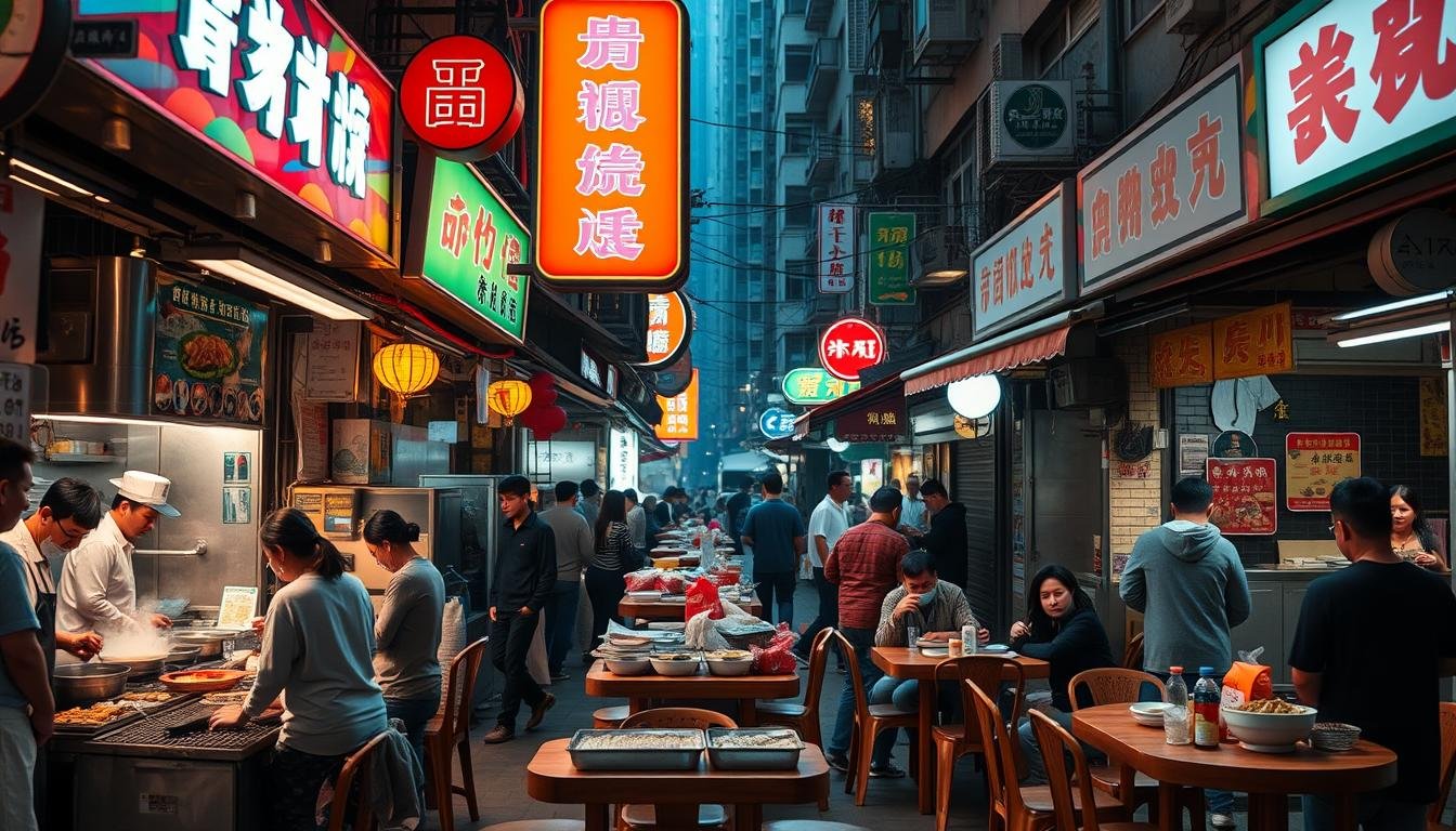 A bustling Hong Kong street scene, showcasing the iconic open-air dai pai dong (traditional outdoor food stalls) of the Central, Wan Chai, and Western District neighborhoods. Vibrant neon signs illuminate the steaming woks and sizzling griddles, where skilled chefs expertly prepare signature Cantonese dishes. Wooden tables and plastic stools are packed with locals and tourists alike, savoring fragrant roasted goose, silky egg tarts, and piping hot bowls of wonton noodles. The narrow alleyways are alive with the sounds of clanging woks, lively chatter, and the irresistible aromas of soy, garlic, and spices. A bustling, authentic slice of Hong Kong's iconic street food culture, captured in a moody, atmospheric photograph. A bustling Hong Kong street scene, showcasing the iconic open-air dai pai dong (traditional outdoor food stalls) of the Central, Wan Chai, and Western District neighborhoods. Vibrant neon signs illuminate the steaming woks and sizzling griddles, where skilled chefs expertly prepare signature Cantonese dishes. Wooden tables and plastic stools are packed with locals and tourists alike, savoring fragrant roasted goose, silky egg tarts, and piping hot bowls of wonton noodles. The narrow alleyways are alive with the sounds of clanging woks, lively chatter, and the irresistible aromas of soy, garlic, and spices. A bustling, authentic slice of Hong Kong's iconic street food culture, captured in a moody, atmospheric photograph.