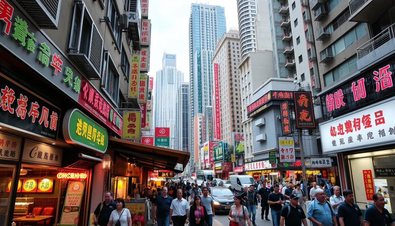 A bustling Hong Kong street scene, with a variety of restaurant signage and storefronts lining the sidewalks. The foreground features a collection of traditional Cantonese and international dining options, their neon signs and vibrant awnings inviting passersby. In the middle ground, pedestrians navigate the crowded pavement, capturing the energetic atmosphere of the city's food culture. The background showcases the iconic high-rise buildings and busy traffic, creating a sense of the vibrant urban landscape. The lighting is a mix of natural daylight and warm, inviting restaurant illumination, capturing the diverse dining experiences available in this dynamic culinary hub. A bustling Hong Kong street scene, with a variety of restaurant signage and storefronts lining the sidewalks. The foreground features a collection of traditional Cantonese and international dining options, their neon signs and vibrant awnings inviting passersby. In the middle ground, pedestrians navigate the crowded pavement, capturing the energetic atmosphere of the city's food culture. The background showcases the iconic high-rise buildings and busy traffic, creating a sense of the vibrant urban landscape. The lighting is a mix of natural daylight and warm, inviting restaurant illumination, capturing the diverse dining experiences available in this dynamic culinary hub.