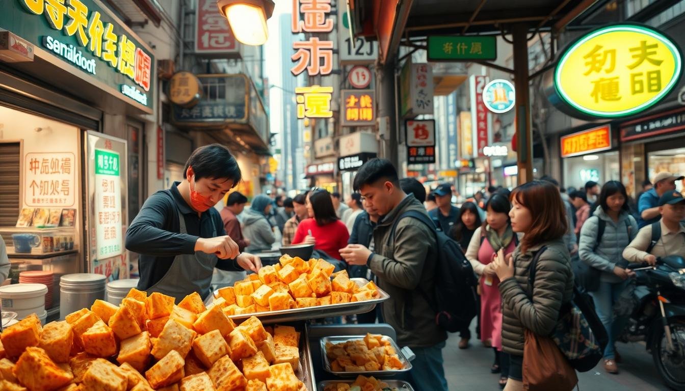 A bustling Hong Kong street scene, with a vibrant stall selling the iconic "stinky tofu" delicacy. In the foreground, a vendor skillfully fries golden-brown cubes of pungent fermented tofu, the aroma wafting through the air. Customers eagerly wait, mouths watering, as the vendor carefully arranges the piping hot stinky tofu on a tray, garnished with pickled vegetables and chili sauce. In the middle ground, the stall is framed by a colorful patchwork of retro neon signs and weathered storefront facades, creating a quintessential Hong Kong street food atmosphere. The background is filled with the bustling energy of the city, with pedestrians and vehicles weaving through the narrow alleys. Warm, natural lighting casts a soft glow over the scene, enhancing the lively, authentic feel of this iconic Hong Kong street food experience.