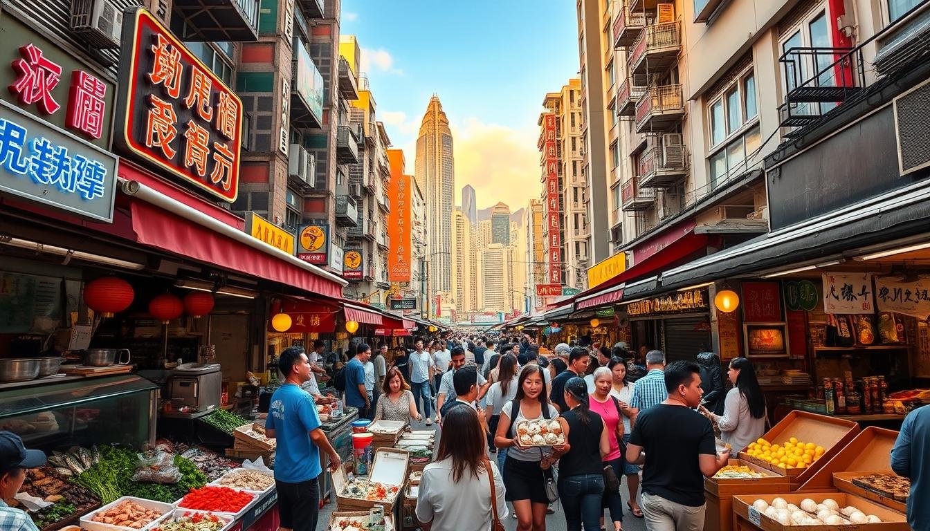 A bustling Hong Kong street scene, with vibrant neon signs and colorful awnings lining the sidewalks. In the foreground, a lively open-air market showcases an array of fresh, locally-sourced ingredients - from glistening seafood and vibrant produce to fragrant spices and sauces. In the middle ground, people weave through the crowd, carrying takeaway containers filled with steaming dim sum and delectable street food. The background features the iconic skyline of Hong Kong, with towering skyscrapers and bustling commercial districts, hinting at the diverse culinary experiences awaiting the discerning traveler. The scene is bathed in a warm, golden glow, capturing the energy and excitement of Hong Kong's renowned food culture.