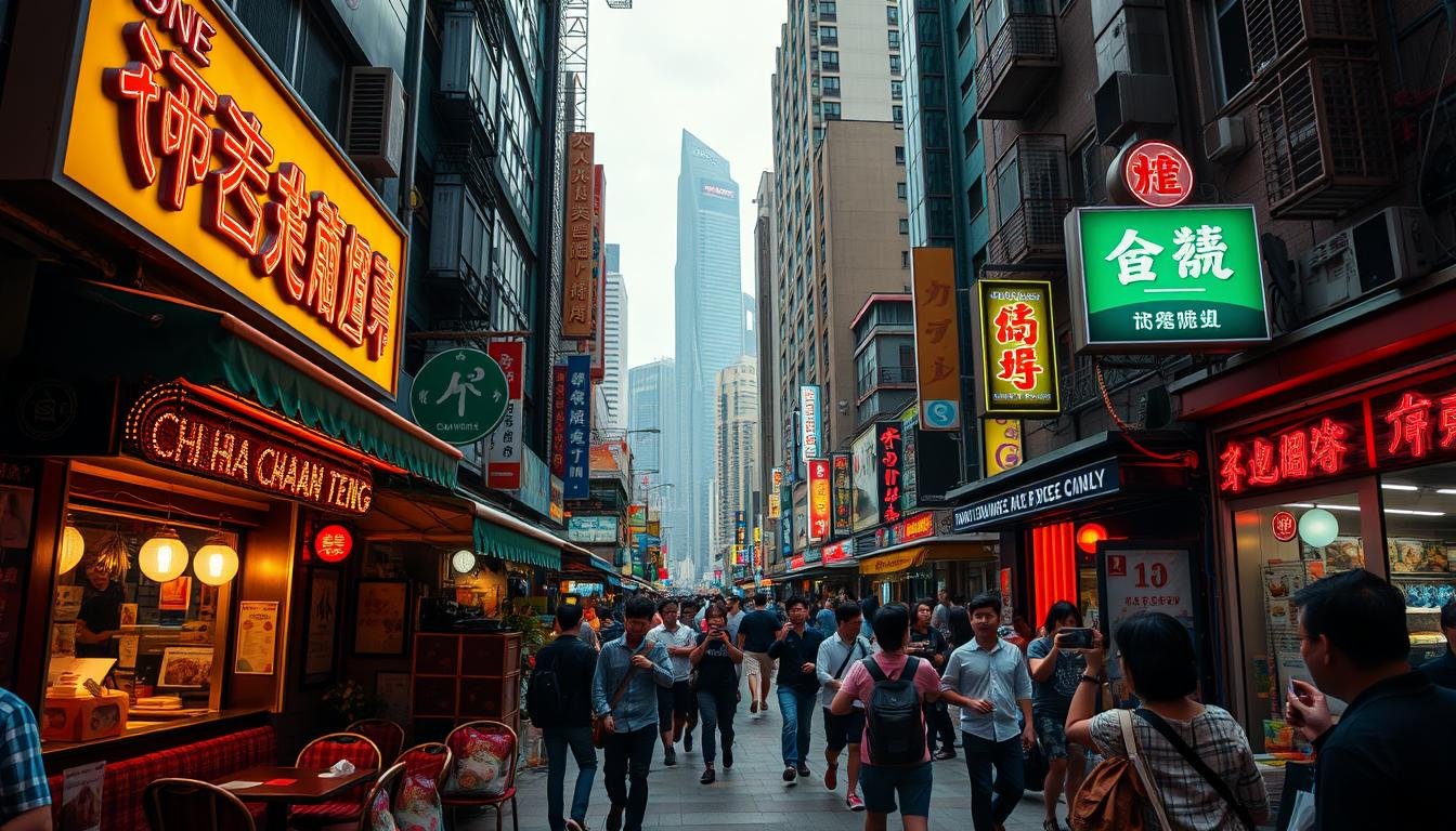 A bustling Hong Kong street scene, with vibrant neon signs and crowded sidewalks. In the foreground, a cozy "cha chaan teng" (Hong Kong-style diner) serving up classic local fare like egg tarts, milk tea, and barbeque pork rice. The middle ground features a mix of people dining al fresco, grabbing a quick takeaway, and snapping photos of the iconic architecture. In the background, towering skyscrapers and the iconic skyline of Causeway Bay create a striking contrast between the traditional and modern. The lighting is warm and atmospheric, with a touch of gritty urban realism. The overall vibe is one of authentic Hong Kong "dai pai dong" culture and the city's irresistible energy. A bustling Hong Kong street scene, with vibrant neon signs and crowded sidewalks. In the foreground, a cozy "cha chaan teng" (Hong Kong-style diner) serving up classic local fare like egg tarts, milk tea, and barbeque pork rice. The middle ground features a mix of people dining al fresco, grabbing a quick takeaway, and snapping photos of the iconic architecture. In the background, towering skyscrapers and the iconic skyline of Causeway Bay create a striking contrast between the traditional and modern. The lighting is warm and atmospheric, with a touch of gritty urban realism. The overall vibe is one of authentic Hong Kong "dai pai dong" culture and the city's irresistible energy.