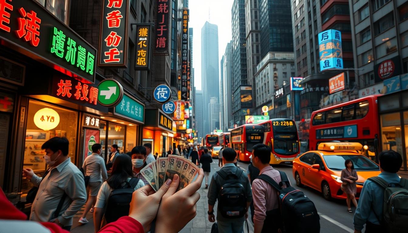 A bustling Hong Kong street scene, with vibrant neon signs and storefronts lining the sidewalks. In the foreground, a group of people exchange currency at an exchange kiosk, their hands counting out stacks of Hong Kong dollars. The middle ground features a mix of pedestrians, taxis, and double-decker buses, capturing the energy and movement of the city. In the background, towering skyscrapers and landmarks emerge, hinting at the thriving financial hub that Hong Kong is known for. The lighting is a mix of warm, inviting neon and natural daylight, creating a visually captivating and immersive scene. The overall mood is one of bustling activity, with a focus on the practical aspects of managing one's finances while exploring the city. A bustling Hong Kong street scene, with vibrant neon signs and storefronts lining the sidewalks. In the foreground, a group of people exchange currency at an exchange kiosk, their hands counting out stacks of Hong Kong dollars. The middle ground features a mix of pedestrians, taxis, and double-decker buses, capturing the energy and movement of the city. In the background, towering skyscrapers and landmarks emerge, hinting at the thriving financial hub that Hong Kong is known for. The lighting is a mix of warm, inviting neon and natural daylight, creating a visually captivating and immersive scene. The overall mood is one of bustling activity, with a focus on the practical aspects of managing one's finances while exploring the city.