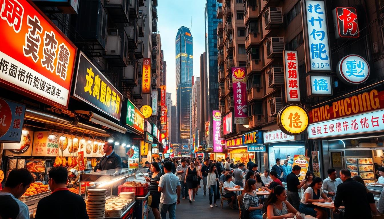 A bustling Hong Kong street scene, with vibrant signage and storefront displays showcasing a diverse array of local cuisine. In the foreground, an array of steaming dim sum baskets, noodle stalls, and roasted meat vendors, enticing passersby with mouthwatering aromas. In the middle ground, crowded tables of diners savoring their meals, a lively atmosphere of conversation and laughter. The background is filled with the iconic high-rise buildings and neon lights that define the Hong Kong skyline, bathed in a warm, golden glow from the setting sun. The overall mood is one of authentic, immersive Hong Kong dining culture, capturing the essence of the "dai pai dong" street food experience.