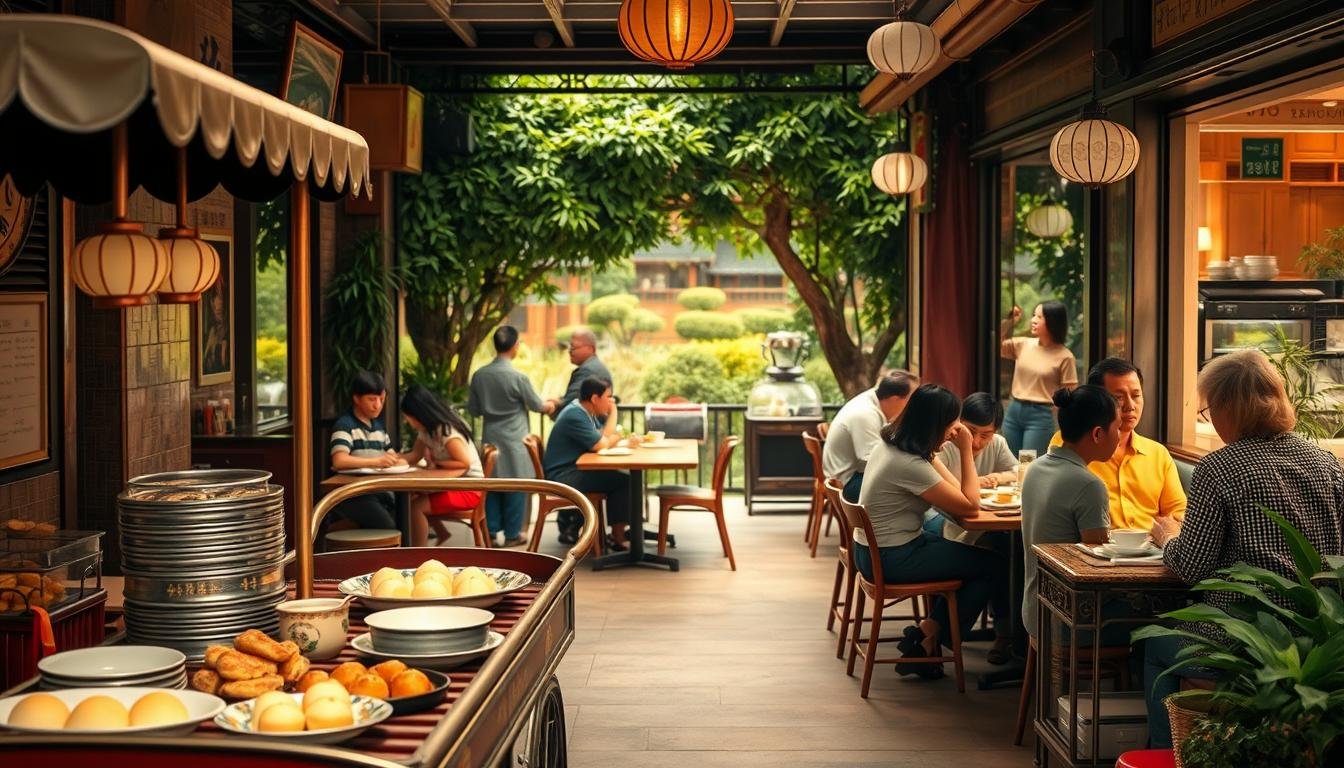 A bustling Hong Kong-style tea house scene, captured in a warm, nostalgic light. In the foreground, a vintage dim sum cart trundles along, laden with an array of traditional Cantonese pastries and steamed buns. The middle ground showcases cozy tables where locals sip fragrant teas and engage in lively conversation. In the background, a hidden, lush tea garden sanctuary comes into view, its peaceful ambiance a tranquil contrast to the vibrant cafe. The image conveys the essence of the "yum cha" dining experience - a harmonious blend of timeless culinary delights, social connections, and serene escape, all quintessentially Hong Kong.