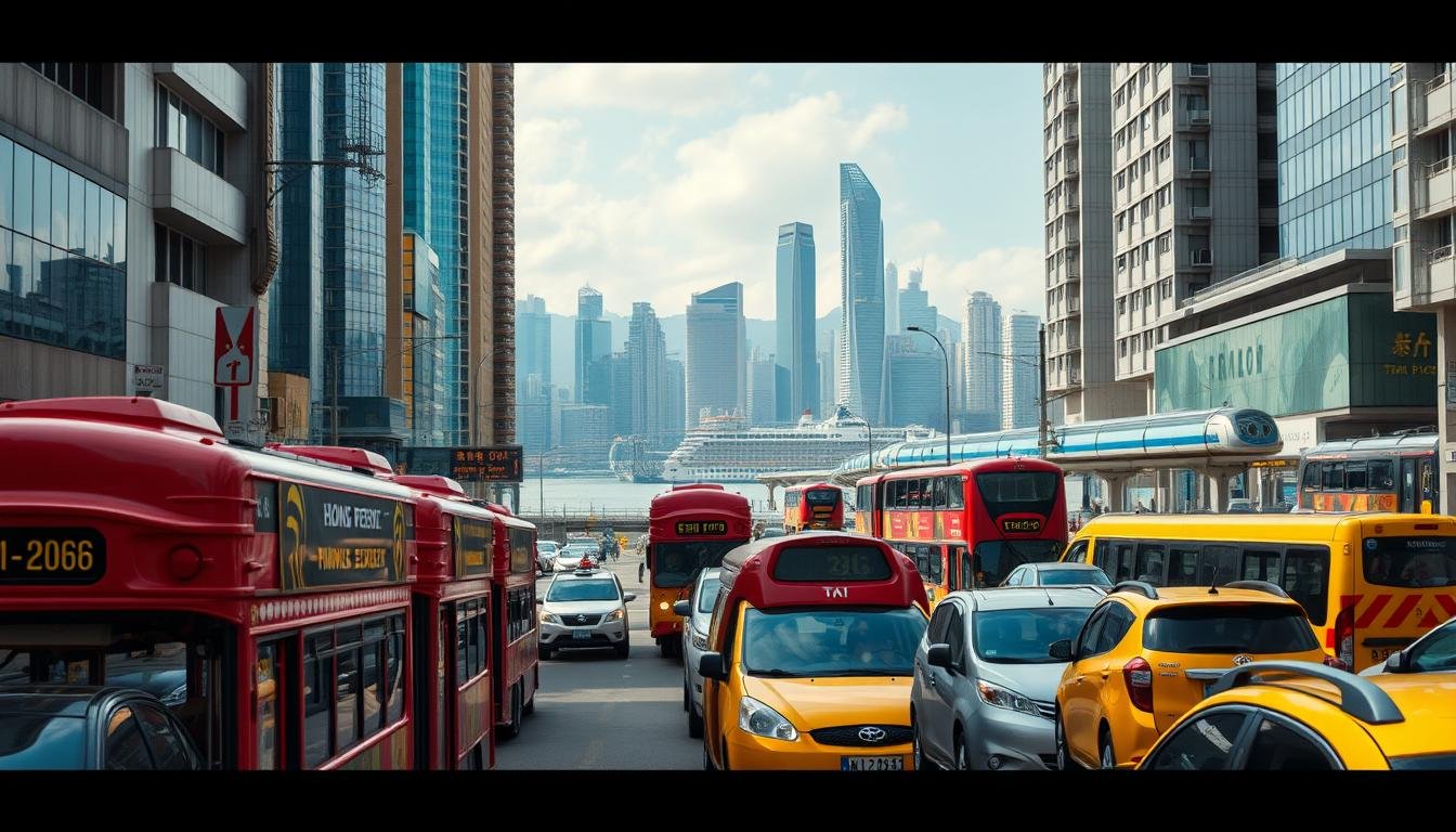 A bustling Hong Kong urban transportation scene, captured in a wide-angle view. The foreground features a mix of iconic double-decker trams, known as "ding ding cars", navigating the busy streets alongside taxis and private vehicles. The middle ground showcases the iconic harbor skyline, including the towering skyscrapers and the iconic Star Ferry terminal. In the background, a glimpse of the iconic Airport Express train line, symbolizing the city's efficient public transportation network. The scene is illuminated by natural daylight, with a warm, vibrant color palette that captures the energy and dynamism of Hong Kong's urban landscape.