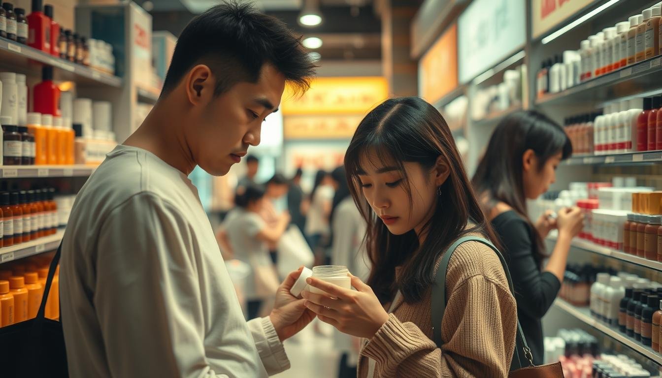 A bustling Korean beauty store, its shelves stocked with alluring cosmetics. Shoppers scrutinize products, meticulously examining labels and ingredients. The atmosphere is charged with a sense of investigation, as customers navigate the maze of sales tactics and marketing claims. Soft, diffused lighting casts a warm glow, creating an air of intimate exploration. In the foreground, a discerning shopper stands, brow furrowed, closely inspecting a jar of cream, probing for any signs of deception. The middle ground is alive with activity, shoppers carefully selecting and comparing items, while the background fades into a hazy, dreamlike impression of the bustling store.