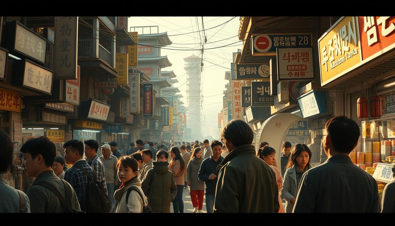 A bustling Korean marketplace with shoppers bargaining fiercely, surrounded by towering structures adorned with colorful signage. In the foreground, a customer engages in a tense negotiation with a merchant, their expressions conveying the risks and uncertainties of such transactions. The scene is illuminated by warm, natural lighting, casting long shadows and imbuing the atmosphere with a sense of cautious exploration. Amidst the vibrant chaos, subtle visual cues hint at the hidden dangers and hidden costs that may lurk beneath the surface of these seemingly enticing deals. A bustling Korean marketplace with shoppers bargaining fiercely, surrounded by towering structures adorned with colorful signage. In the foreground, a customer engages in a tense negotiation with a merchant, their expressions conveying the risks and uncertainties of such transactions. The scene is illuminated by warm, natural lighting, casting long shadows and imbuing the atmosphere with a sense of cautious exploration. Amidst the vibrant chaos, subtle visual cues hint at the hidden dangers and hidden costs that may lurk beneath the surface of these seemingly enticing deals.