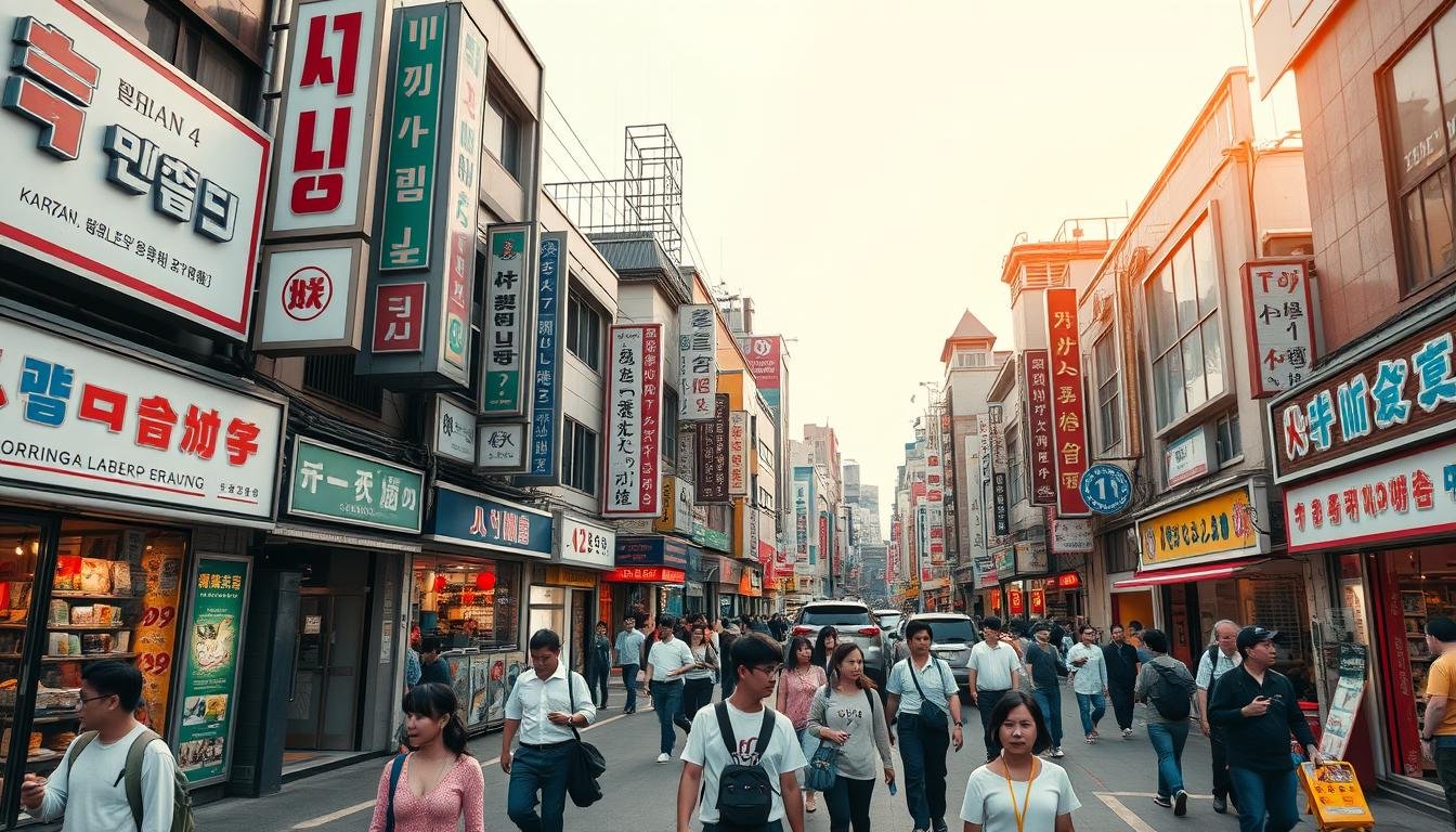 A bustling Korean shopping district, captured in a vibrant, street-level perspective. Pedestrians navigate the lively scene, surrounded by a mix of modern and traditional storefronts. Vibrant signage, bold colors, and diverse window displays create an immersive, almost tactile atmosphere. Overhead, a soft, diffused lighting filters through a cloudy sky, casting a warm, inviting glow. The composition draws the viewer's eye through the dynamic, layered cityscape, highlighting the unique character and energy of this quintessential Korean shopping experience.