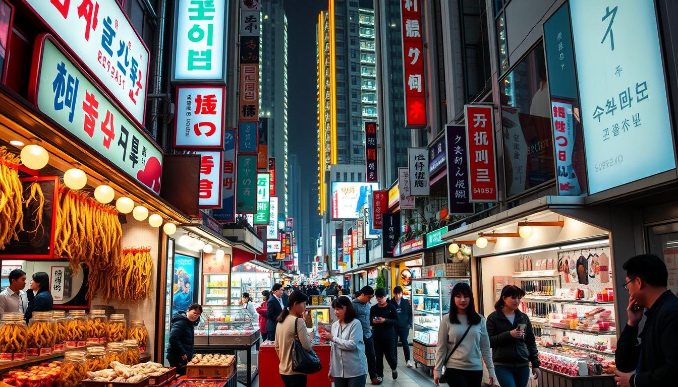 A bustling Korean shopping district, with a vibrant array of colorful storefronts and stalls. In the foreground, a traditional ginseng shop features rows of gleaming glass jars showcasing the prized medicinal roots. Nearby, a chic cosmetics boutique displays an alluring array of makeup and skincare products. In the middle ground, pedestrians browse through a lively marketplace, examining local handicrafts and souvenirs. The background is framed by towering neon-lit buildings, casting a warm, atmospheric glow over the scene. The overall mood is one of energy, consumerism, and the unique cultural experience of a Korean shopping hub. A bustling Korean shopping district, with a vibrant array of colorful storefronts and stalls. In the foreground, a traditional ginseng shop features rows of gleaming glass jars showcasing the prized medicinal roots. Nearby, a chic cosmetics boutique displays an alluring array of makeup and skincare products. In the middle ground, pedestrians browse through a lively marketplace, examining local handicrafts and souvenirs. The background is framed by towering neon-lit buildings, casting a warm, atmospheric glow over the scene. The overall mood is one of energy, consumerism, and the unique cultural experience of a Korean shopping hub.