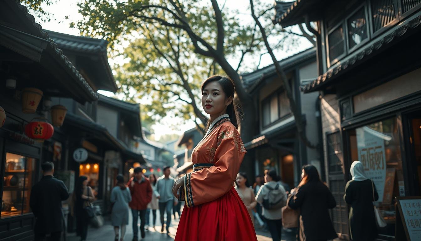 A bustling Korean traditional village in the heart of Seoul, with narrow alleys and charming hanok houses. In the foreground, a woman dressed in a vibrant hanbok, the traditional Korean costume, poses gracefully against the backdrop of the historic architecture. Soft natural lighting filters through the treetops, casting a warm, cinematic glow over the scene. The middle ground features fellow visitors exploring the quaint shops and cafes, immersed in the cultural experience. In the distance, the silhouettes of other hanok buildings create a picturesque, atmospheric depth. This image captures the essence of the "Korean hanok village" - a captivating blend of heritage, fashion, and authentic cultural immersion.