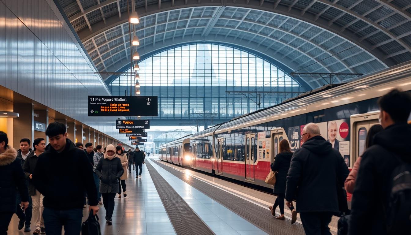 A bustling Sapporo Station, the heart of the city's transportation network. In the foreground, commuters navigate the concourse, their footsteps echoing through the cavernous space. Midground, a modern train pulls into the platform, its sleek design a testament to Japan's efficient rail system. In the background, the station's iconic architecture rises, its glass facade reflecting the snowy landscape outside. Soft, diffused lighting casts a warm glow, creating a sense of calm amidst the activity. The scene conveys the practical yet elegant nature of Sapporo's transportation hub, ready to whisk visitors to the nearby Sapporo Snow Festival's winter wonderland.