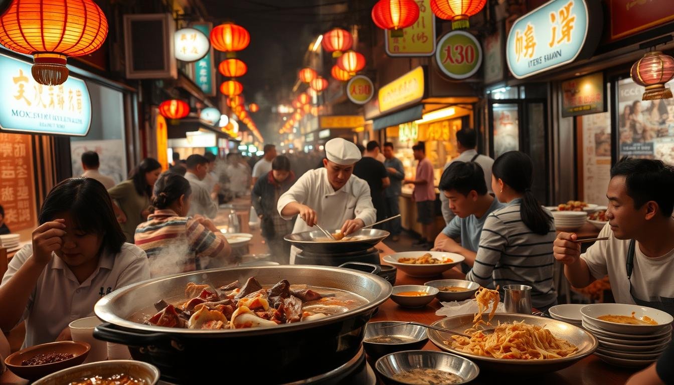 A bustling Sichuan street scene, dimly lit by warm lanterns and neon signs. In the foreground, a steaming hotpot simmers, its rich, aromatic broth infused with Sichuan peppercorns and chili oil. Diners huddle around the table, eagerly dipping in slices of beef, tender lotus roots, and chewy noodles. In the middle ground, a chef in a crisp white uniform expertly tosses and stirs a wok of fragrant, mouth-numbing ma la chicken. The background is alive with the energy of a lively Chongqing night market, stalls offering an array of regional delicacies, from fluffy steamed buns to sizzling skewers. The overall atmosphere is one of vibrant, unapologetic Sichuan flavor, a feast for the senses. A bustling Sichuan street scene, dimly lit by warm lanterns and neon signs. In the foreground, a steaming hotpot simmers, its rich, aromatic broth infused with Sichuan peppercorns and chili oil. Diners huddle around the table, eagerly dipping in slices of beef, tender lotus roots, and chewy noodles. In the middle ground, a chef in a crisp white uniform expertly tosses and stirs a wok of fragrant, mouth-numbing ma la chicken. The background is alive with the energy of a lively Chongqing night market, stalls offering an array of regional delicacies, from fluffy steamed buns to sizzling skewers. The overall atmosphere is one of vibrant, unapologetic Sichuan flavor, a feast for the senses.