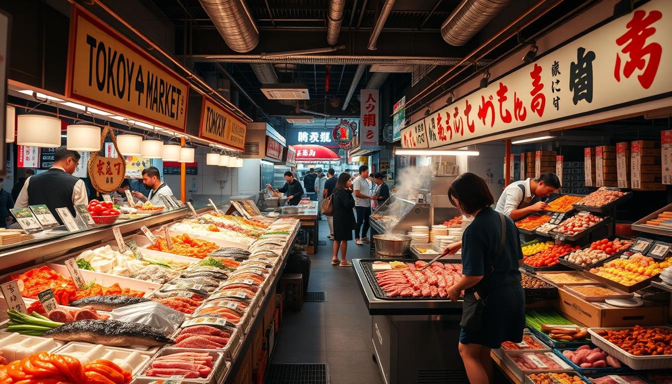 A bustling Tokyo food market, showcasing the vibrant culinary diversity of the city. In the foreground, rows of fresh seafood stalls offer glistening sashimi, sushi, and other tantalizing ocean delicacies. The middle ground features vendors skillfully grilling tender cuts of succulent wagyu beef, their smoky aromas wafting through the air. Towards the back, artisanal food stalls display an array of meticulously crafted bento boxes, onigiri, and other Japanese comfort foods, enticing passersby. Warm, natural lighting bathes the scene, creating a welcoming and authentic atmosphere that captures the essence of Tokyo's vibrant food culture.