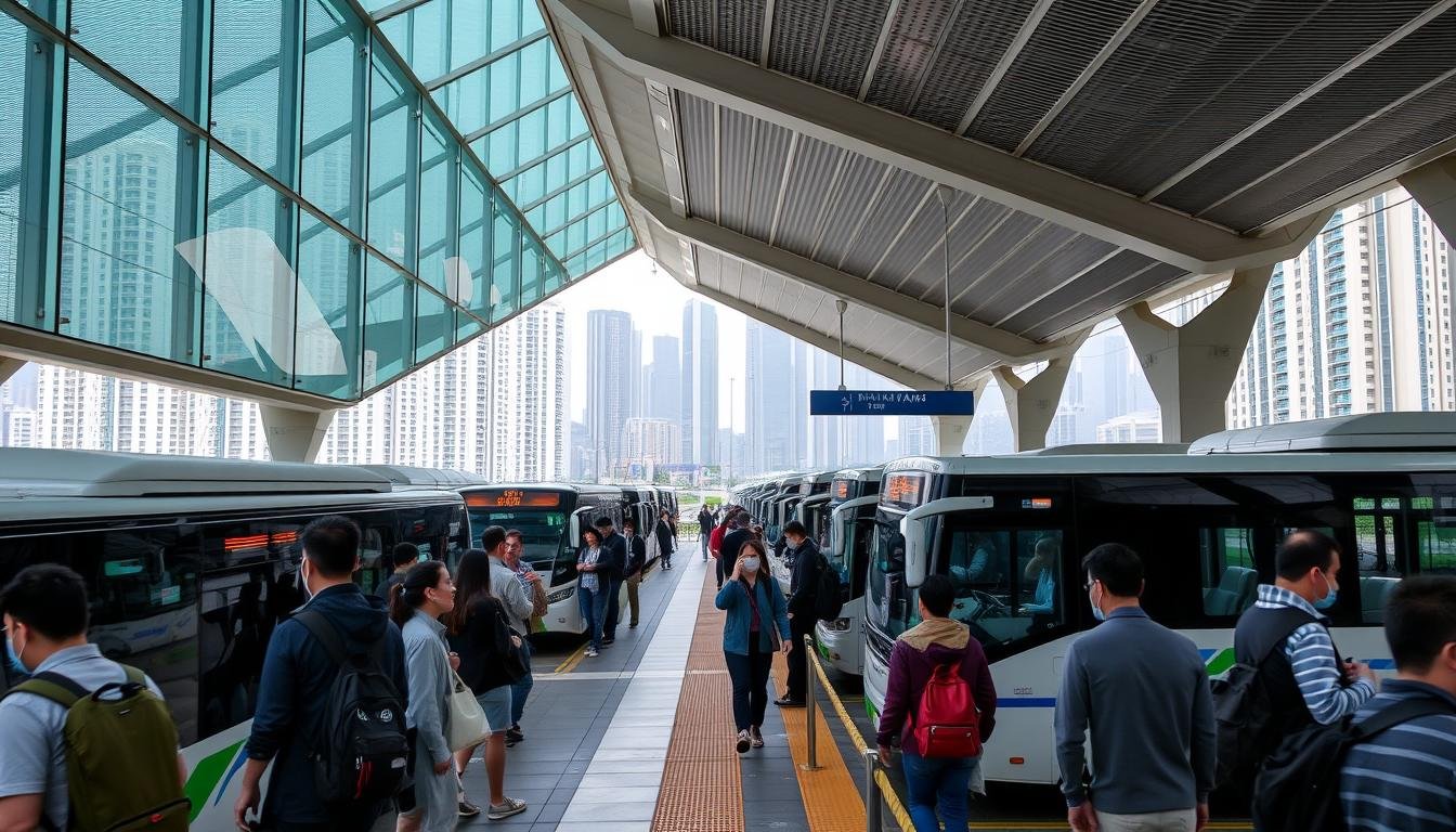 A bustling bus terminal in the heart of Tung Chung, Hong Kong. The scene captures a hub of transportation activity, with sleek modern buses lined up, ready to ferry passengers to nearby destinations. The terminal's façade is characterized by clean, angular lines and glass walls that allow natural light to flood the space. Passengers wait patiently on the platform, their expressions reflecting a mix of anticipation and the bustle of daily commutes. The background features a cityscape of high-rise buildings, hinting at the vibrant urban setting. The overall atmosphere conveys a sense of efficiency and connectivity, capturing the essence of Tung Chung's convenient transportation network. A bustling bus terminal in the heart of Tung Chung, Hong Kong. The scene captures a hub of transportation activity, with sleek modern buses lined up, ready to ferry passengers to nearby destinations. The terminal's façade is characterized by clean, angular lines and glass walls that allow natural light to flood the space. Passengers wait patiently on the platform, their expressions reflecting a mix of anticipation and the bustle of daily commutes. The background features a cityscape of high-rise buildings, hinting at the vibrant urban setting. The overall atmosphere conveys a sense of efficiency and connectivity, capturing the essence of Tung Chung's convenient transportation network.
