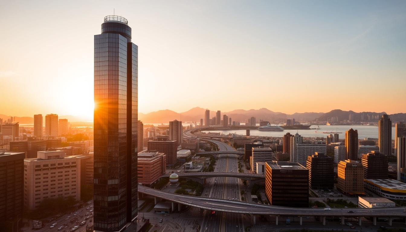 A bustling city skyline of Kaohsiung, Taiwan, captured at golden hour. In the foreground, a modern high-rise with sleek glass facades reflects the warm hues of the setting sun. In the middle ground, a network of bustling streets and bridges weave through the cityscape, with pedestrians and vehicles moving with purpose. In the background, the iconic Kaohsiung Harbor and the majestic mountains beyond create a stunning natural backdrop. The scene is illuminated by a soft, diffused lighting, creating a sense of tranquility and a touch of urban elegance. The overall mood is one of vibrancy and cosmopolitan energy, perfectly capturing the essence of this thriving Taiwanese city.