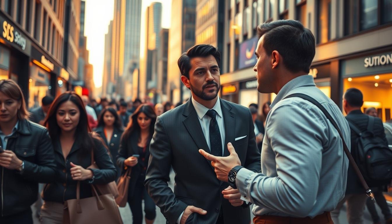 A bustling city street at dusk, shoppers navigating the crowds with determined expressions. In the foreground, a well-dressed salesperson engages a customer, their body language suggesting a negotiation. The middle ground features a range of storefront displays, showcasing the diverse shopping options. Warm lighting casts a golden glow, creating an atmosphere of vibrant commerce. The background depicts the towering skyscrapers of the urban landscape, hinting at the larger economic context. Emphasis is placed on the interaction between the salesperson and customer, capturing the essence of in-the-moment decision-making and strategic refusal.