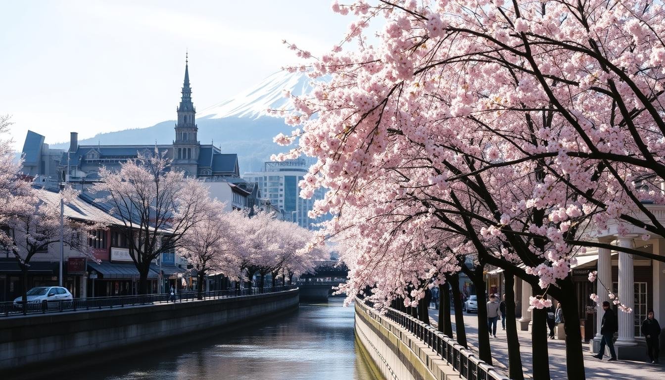 A bustling city street in Sapporo, Japan, bathed in the soft glow of early spring sunlight. Cherry blossom trees line the sidewalks, their delicate pink petals cascading down gently, creating a serene and ethereal atmosphere. In the foreground, a tranquil river reflects the blossoms, while in the middle ground, historic buildings and modern architecture stand in harmonious contrast. The background is framed by the majestic Mount Moiwa, its snow-capped peak a stunning backdrop to the urban landscape. The scene evokes a sense of cultural heritage, natural beauty, and the harmonious blend of the old and new that defines Sapporo's unique charm.