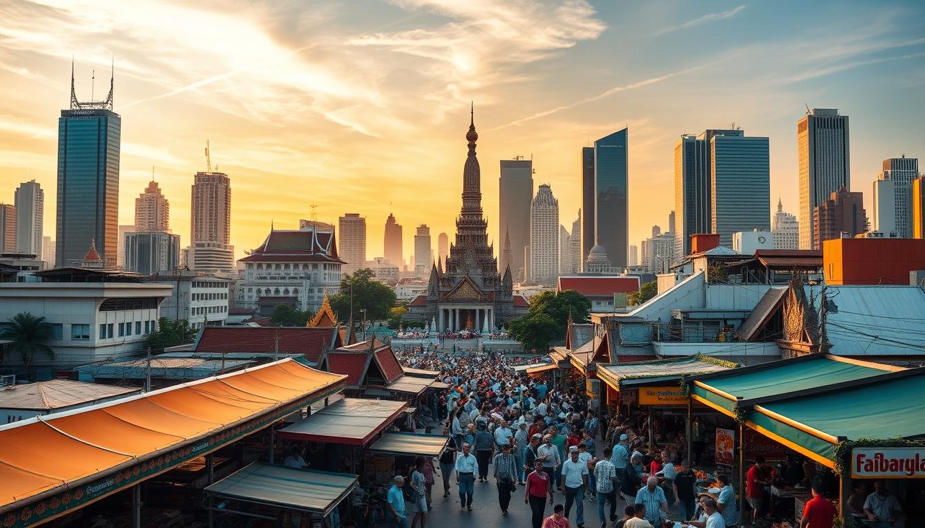 A bustling cityscape of Bangkok, Thailand, captured in a sweeping panoramic view. In the foreground, lively street markets brimming with vibrant colors and local vendors. The iconic Wat Arun temple rises majestically in the middle ground, its ornate spires and intricate details gleaming in the warm, golden afternoon light. In the background, the modern high-rises and skyscrapers of the city's financial district create a dramatic contrast, their sleek glass facades reflecting the sky and surrounding environment. The scene exudes a sense of energy, culture, and the dynamic blend of old and new that defines the essence of Bangkok, the perfect setting for an immersive and memorable travel experience.
