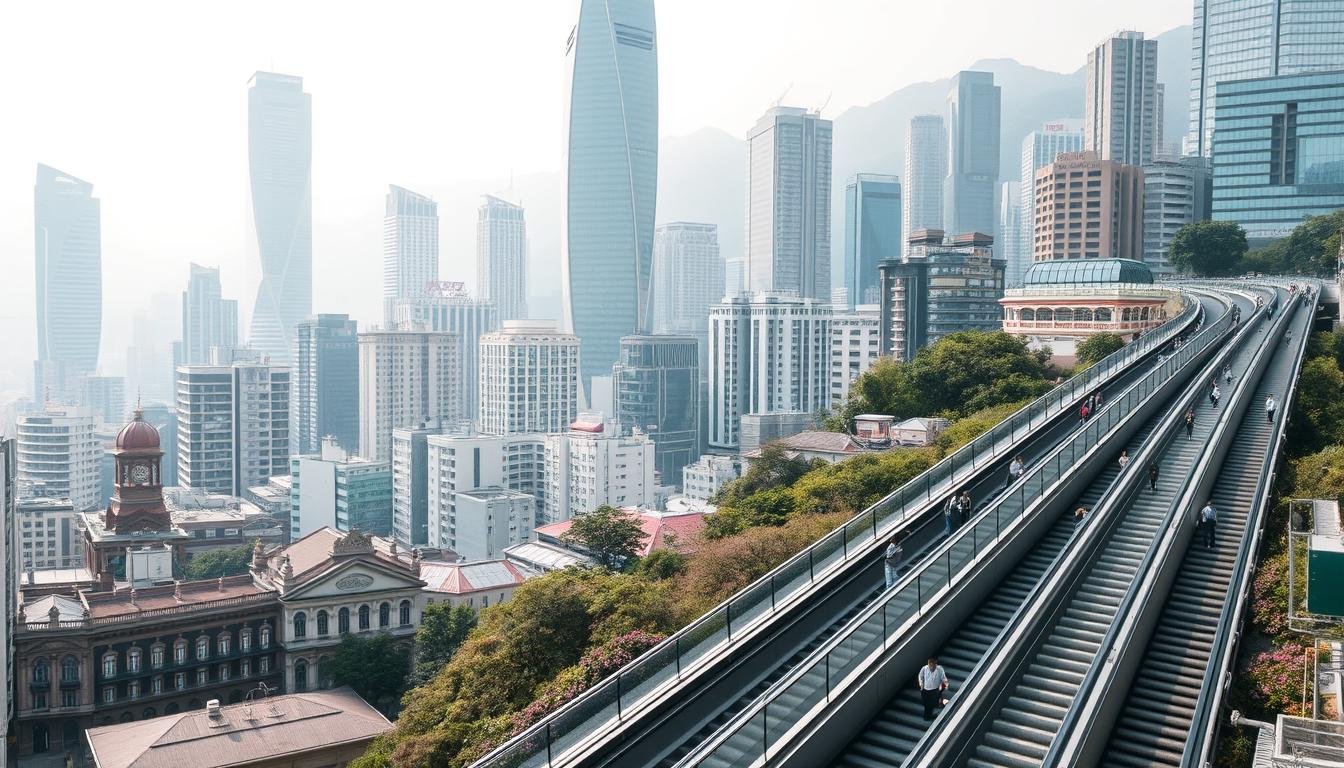 A bustling cityscape of Central Hong Kong, captured in a timeless moment. In the foreground, the iconic Mid-Levels Escalator system winds its way up the hillside, a marvel of urban engineering that has connected this vibrant neighborhood for over 25 years. The middle ground showcases the blend of historic and modern architecture, from the ornate colonial facades to the sleek, glass-and-steel skyscrapers that define the city's skyline. In the background, a hazy, atmospheric light filters through the air, creating a sense of depth and nostalgia. The overall scene conveys the pulsing energy and rich history of this densely populated urban center, a living, breathing embodiment of Hong Kong's enduring spirit.