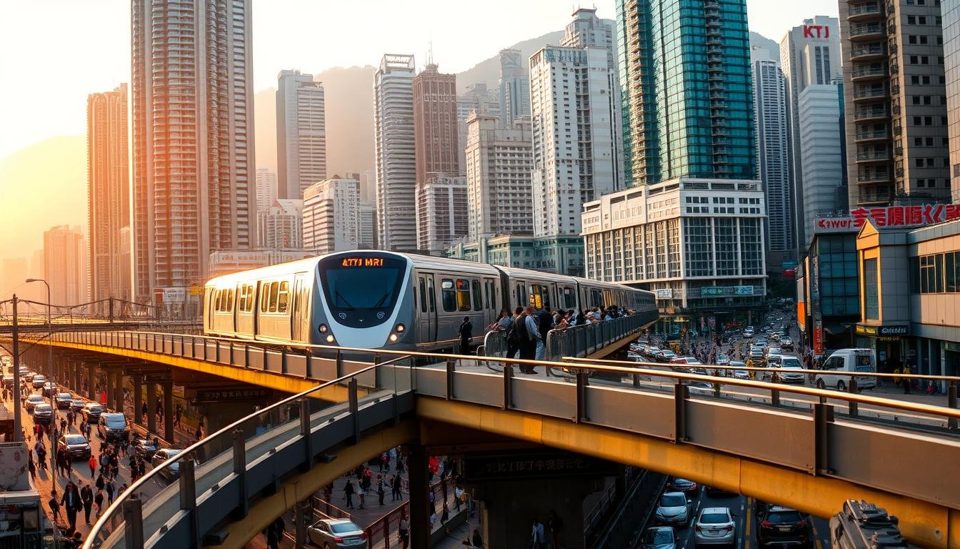 A bustling cityscape of Hong Kong, with the iconic Hong Kong MTR railway system and the Airport Express line prominently featured. The foreground showcases a sleek, modern train on the elevated track, with passengers disembarking. The middle ground depicts the bustling streets below, with a mix of pedestrians, vehicles, and skyscrapers in the background. The scene is bathed in a warm, golden hour lighting, creating a vibrant and dynamic atmosphere. The composition emphasizes the seamless integration of public transportation, highlighting the efficiency and convenience of navigating Hong Kong's urban landscape.