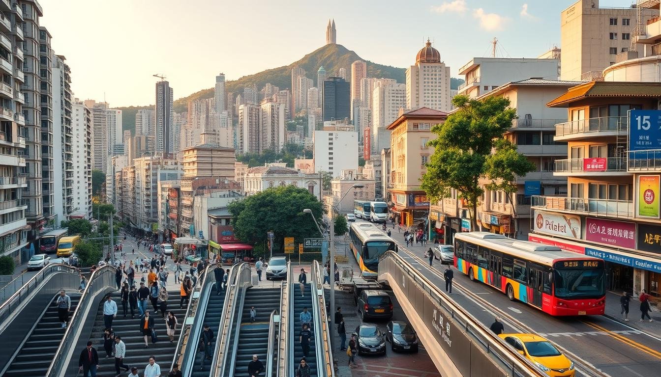 A bustling cityscape of Hong Kong's Central district, with the iconic Mid-Levels Escalator system prominently featured. In the foreground, pedestrians navigate the stairs and escalators, while a mix of public transportation options - trams, buses, and taxis - move along the streets. The middle ground showcases the distinct architecture of the neighborhood, including high-rise buildings and traditional shophouses. In the background, the lush greenery of Victoria Peak provides a serene contrast to the urban activity. The scene is bathed in warm, golden-hour lighting, creating a welcoming and vibrant atmosphere. The overall composition captures the essence of efficient transportation options and money-saving tips for exploring this unique and historic part of Hong Kong.
