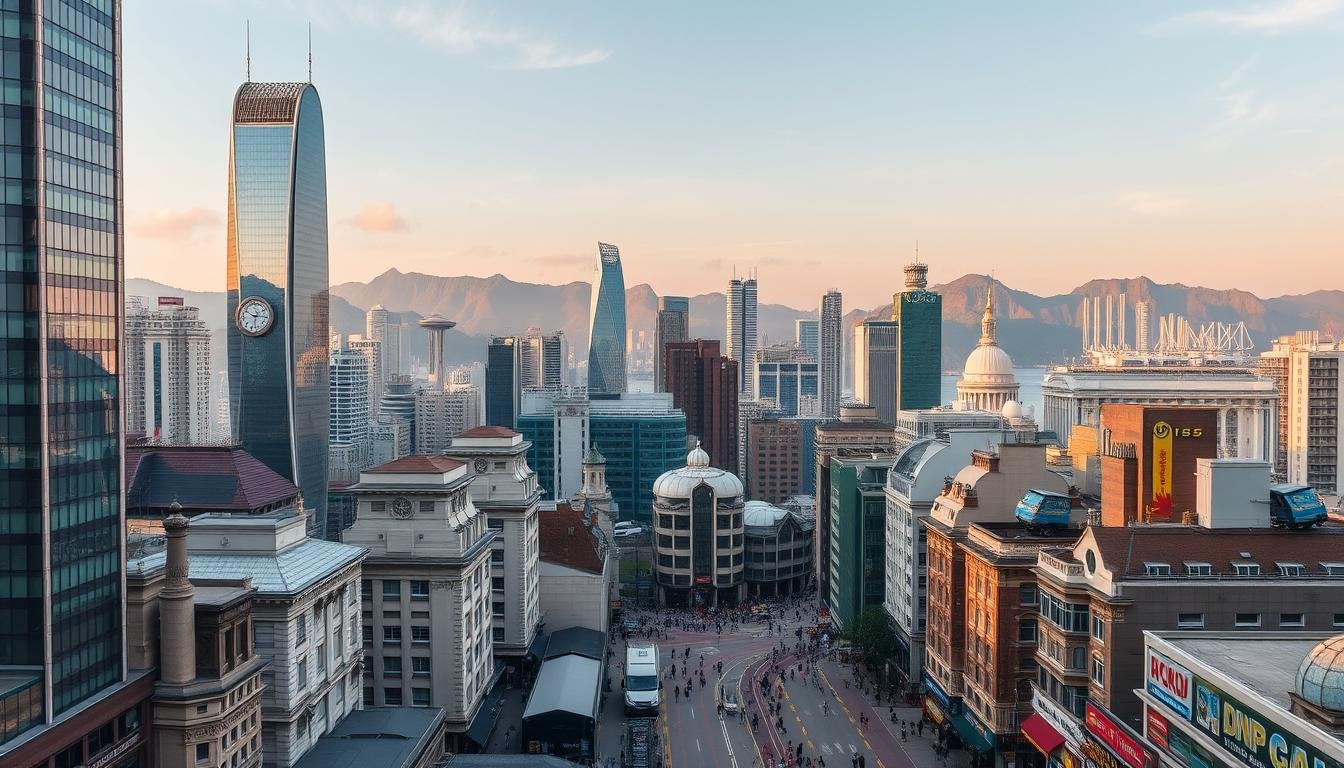 A bustling cityscape of Hong Kong's iconic landmarks, captured with a wide-angle lens to showcase the dynamic urban landscape. In the foreground, towering skyscrapers and historic buildings stand in harmonious contrast, their reflections shimmering in the tranquil waters of the harbor. The middle ground features the lively streets of the city center, bustling with locals and tourists navigating the vibrant atmosphere. In the background, the dramatic mountains and islands of the region rise majestically, creating a breathtaking natural backdrop to the man-made marvels. The scene is bathed in warm, golden light, evoking a sense of timeless charm and captivating allure.