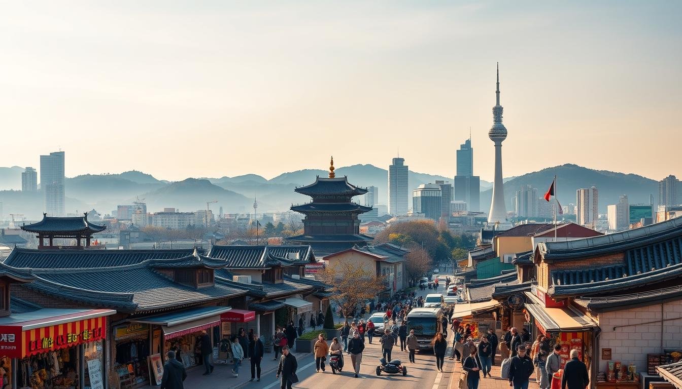 A bustling cityscape of Seoul, South Korea, captured in a panoramic view. In the foreground, vibrant street markets and boutiques line the sidewalks, showcasing a diverse array of traditional and contemporary Korean goods. The middle ground features iconic landmarks like the Gyeongbokgung Palace and the N Seoul Tower, their architectural grandeur set against a backdrop of towering skyscrapers and lush green hills. The scene is bathed in warm, golden sunlight, creating a sense of energy and dynamism. Pedestrians and vehicles navigate the streets, immersing the viewer in the lively atmosphere of this shopper's paradise. The composition emphasizes the interconnectedness of Seoul's distinct neighborhoods and the seamless flow of the city's must-visit destinations.
