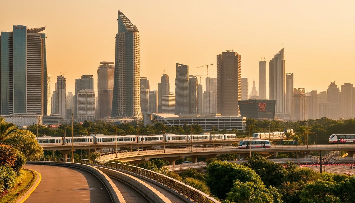 A bustling cityscape with towering skyscrapers and a distinctly modern skyline. In the foreground, a well-defined pedestrian pathway leads the viewer's eye towards the iconic silhouette of the "Monster Building" - a distinctive residential complex with its unique architectural design. The mid-ground features a public transportation hub, showcasing a mix of metro stations and tram lines, all connected by a network of walkways and overpasses. The background is dominated by a blend of lush greenery and sleek high-rise buildings, creating a harmonious urban landscape. The scene is bathed in warm, golden lighting, conveying a sense of vibrancy and energy. The overall composition highlights the accessibility and connectivity of this popular tourist destination, inviting the viewer to explore the area's diverse offerings.