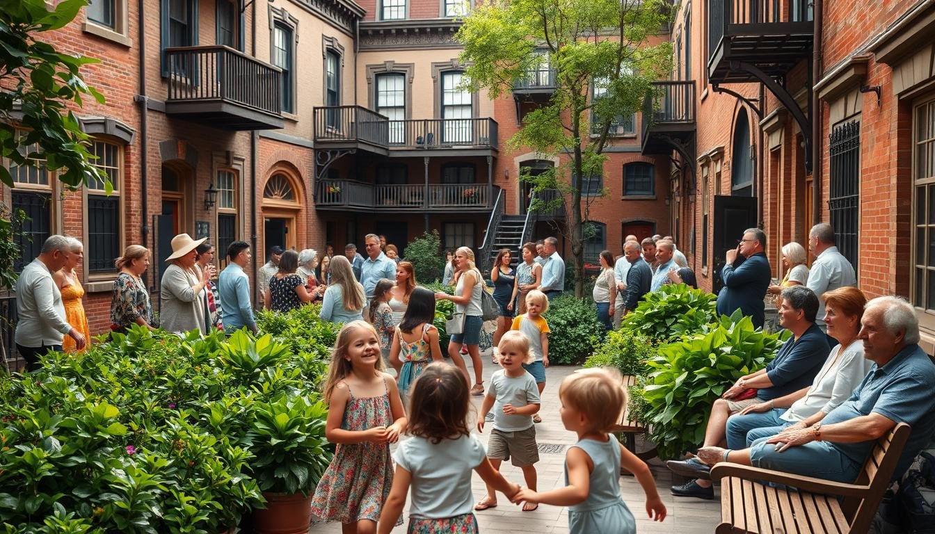 A bustling community courtyard, filled with the lively chatter of residents. In the foreground, a group of children play, their laughter echoing through the tranquil space. Elderly neighbors sit on wooden benches, observing the vibrant scene with contented smiles. Lush greenery lines the perimeter, creating a sense of warmth and natural harmony. The historic building facades, with their intricate architectural details, stand as silent witnesses to the community's rich heritage. Soft, diffused lighting casts a golden glow, evoking a timeless atmosphere of preservation and revitalization. This is a place where the past and present coexist, a testament to the power of community-driven conservation and the enduring spirit of a neighborhood. A bustling community courtyard, filled with the lively chatter of residents. In the foreground, a group of children play, their laughter echoing through the tranquil space. Elderly neighbors sit on wooden benches, observing the vibrant scene with contented smiles. Lush greenery lines the perimeter, creating a sense of warmth and natural harmony. The historic building facades, with their intricate architectural details, stand as silent witnesses to the community's rich heritage. Soft, diffused lighting casts a golden glow, evoking a timeless atmosphere of preservation and revitalization. This is a place where the past and present coexist, a testament to the power of community-driven conservation and the enduring spirit of a neighborhood.