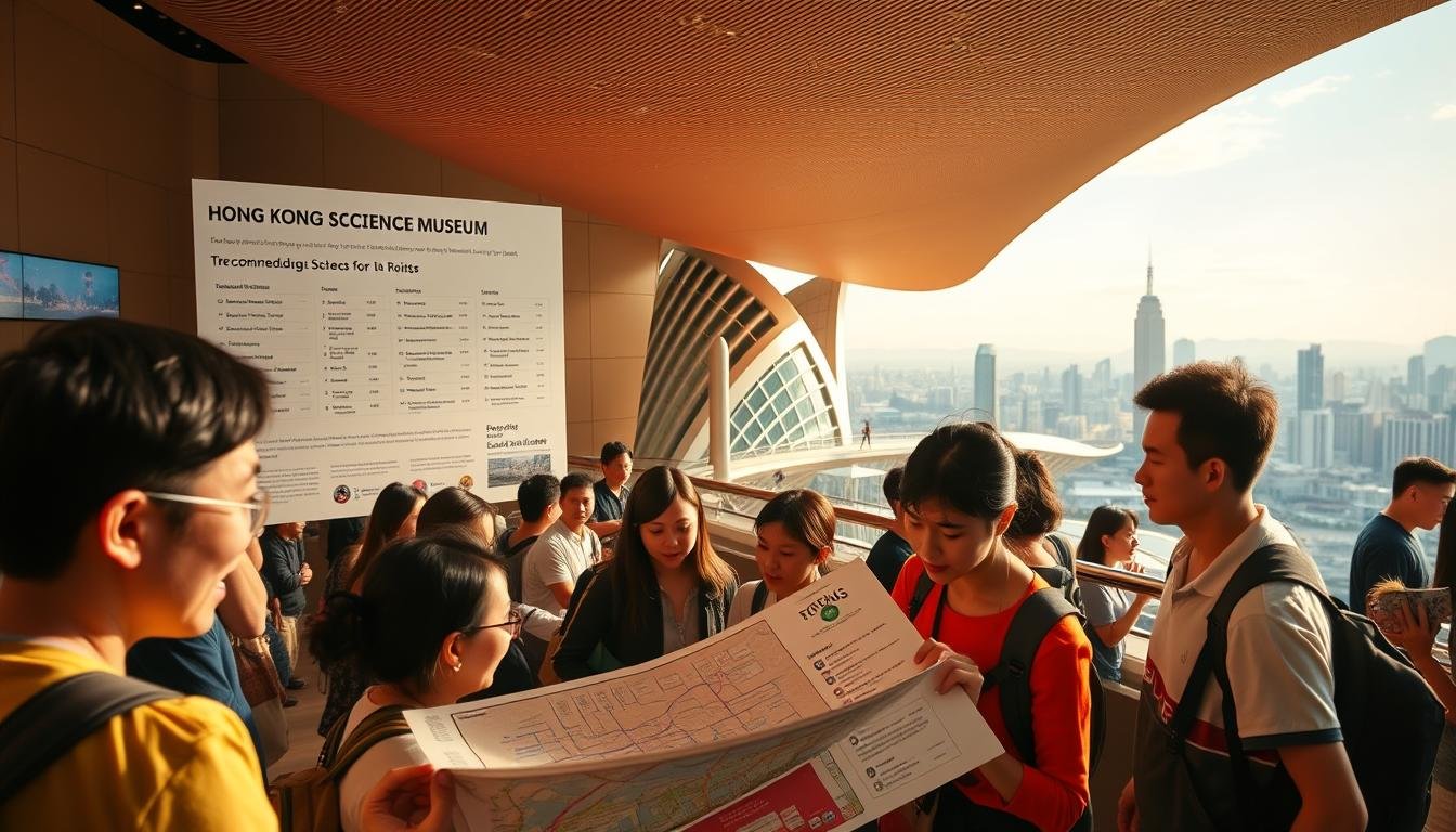 A bustling day at the Hong Kong Science Museum, showcasing a detailed map of the recommended routes and time allocation for visitors. In the foreground, a group of curious visitors study the map, their expressions reflecting the excitement of planning their day. The middle ground features the museum's iconic architectural elements, bathed in warm, natural lighting that casts a welcoming ambiance. In the background, a panoramic view of the surrounding cityscape frames the scene, hinting at the museum's convenient location and accessibility. The overall composition conveys a sense of anticipation and exploration, inviting viewers to envision their own journey through the museum's engaging exhibits and educational displays. A bustling day at the Hong Kong Science Museum, showcasing a detailed map of the recommended routes and time allocation for visitors. In the foreground, a group of curious visitors study the map, their expressions reflecting the excitement of planning their day. The middle ground features the museum's iconic architectural elements, bathed in warm, natural lighting that casts a welcoming ambiance. In the background, a panoramic view of the surrounding cityscape frames the scene, hinting at the museum's convenient location and accessibility. The overall composition conveys a sense of anticipation and exploration, inviting viewers to envision their own journey through the museum's engaging exhibits and educational displays.