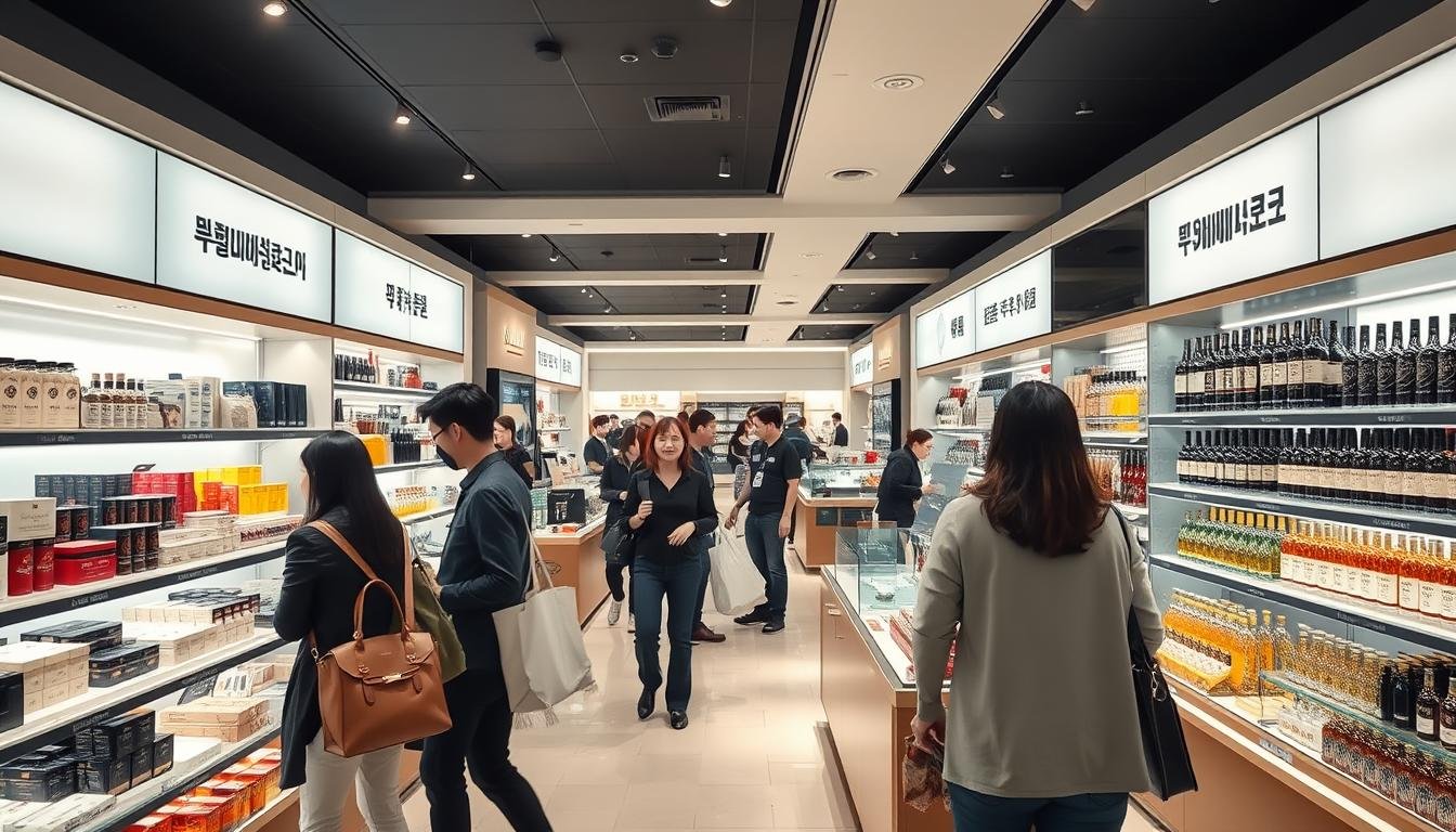 A bustling duty-free store in South Korea, showcasing a seamless shopping experience. In the foreground, customers navigate through neatly arranged displays of luxury goods, from high-end cosmetics to premium liquor, bathed in warm, diffused lighting. The middle ground features helpful staff guiding shoppers, while the background reveals a sleek, modern interior with clean lines and minimalist design. Capture the efficient, hassle-free process of browsing, selecting, and collecting purchases, conveying the essence of a Korean duty-free shopping expedition.