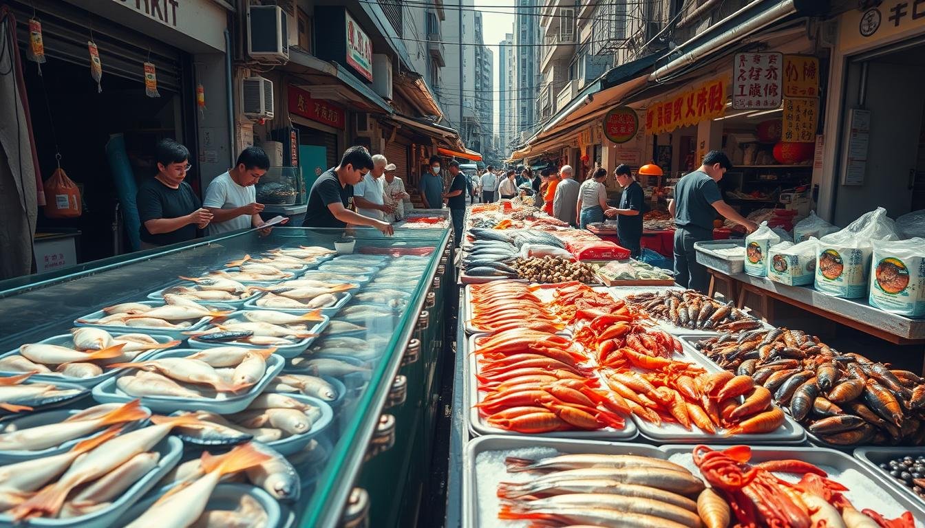 A bustling fish market scene set in a vibrant, coastal neighborhood. The foreground showcases an array of live seafood in glass tanks, with customers examining and selecting their desired catches. In the middle ground, a lively open-air market stalls offer a wide variety of fresh fish, crustaceans, and mollusks laid out on ice-covered trays. The background depicts a busy street lined with traditional storefronts, creating an immersive atmosphere of a thriving local seafood hub. Natural daylight filters through the scene, casting warm, golden tones and dynamic shadows that accentuate the textures and movement. The overall composition captures the essence of a quintessential Hong Kong-style fish market experience.